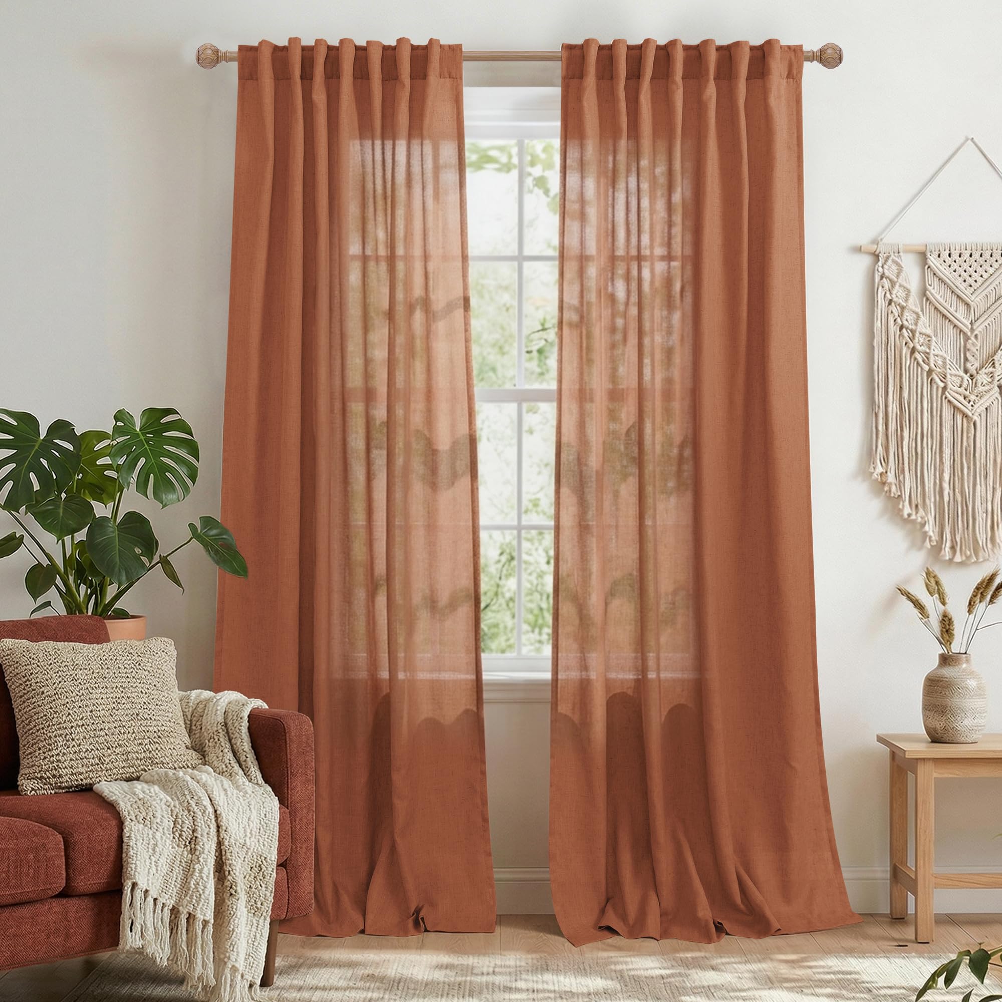 Cortinas para Salas Modernas Bohemian-Vorhänge für Wohnzimmer, mit Rückenlasche, Boho-Stil, Leinen, halbtransparent, Terrakotta-Vorhang, 228 cm lang, 2 Paneele, Cooles, maximalistisches Rost-Dekor