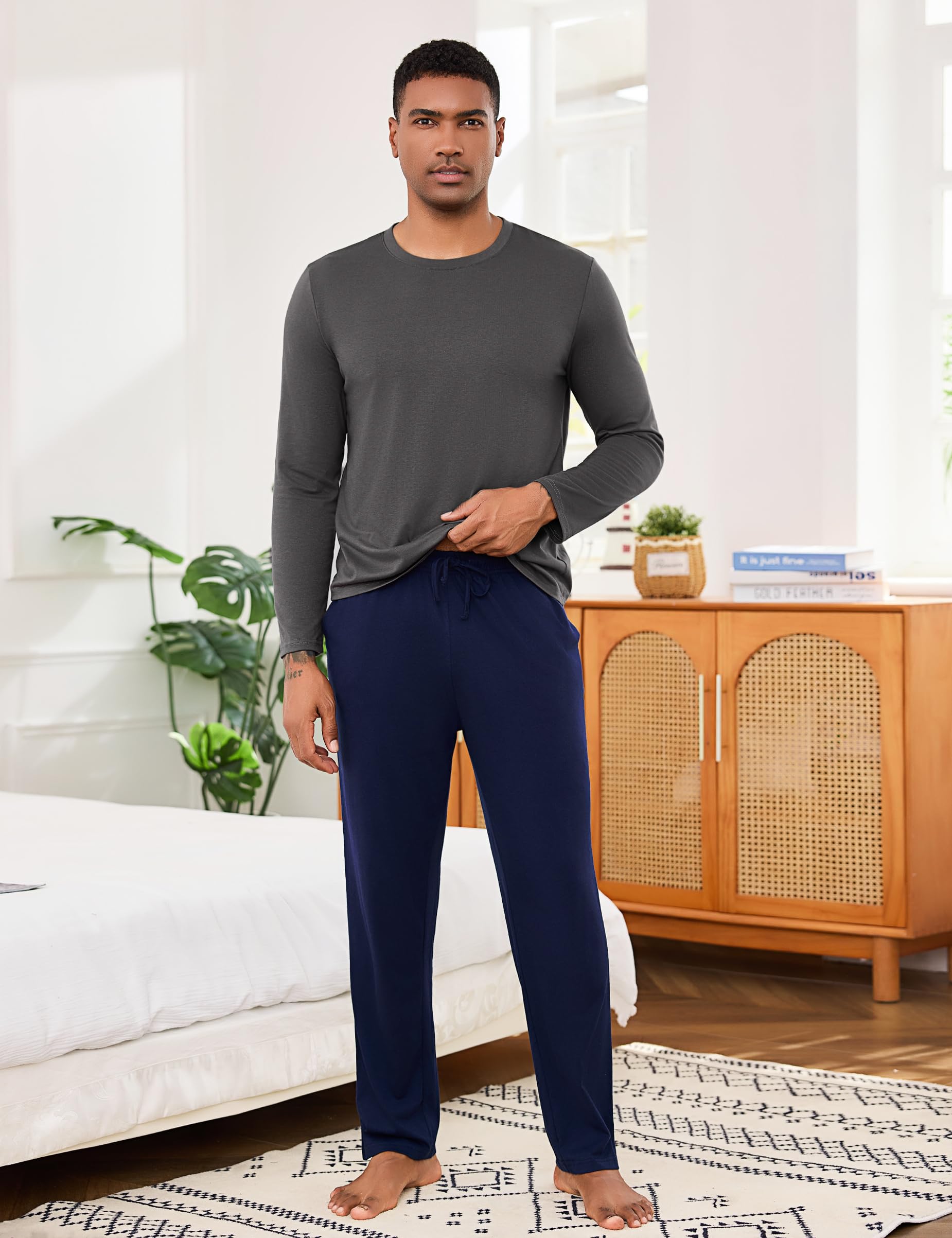 Bresdk Pyjama Homme Coton Hiver Long Ensembles de Pyjamas à Chauds Manches Longues