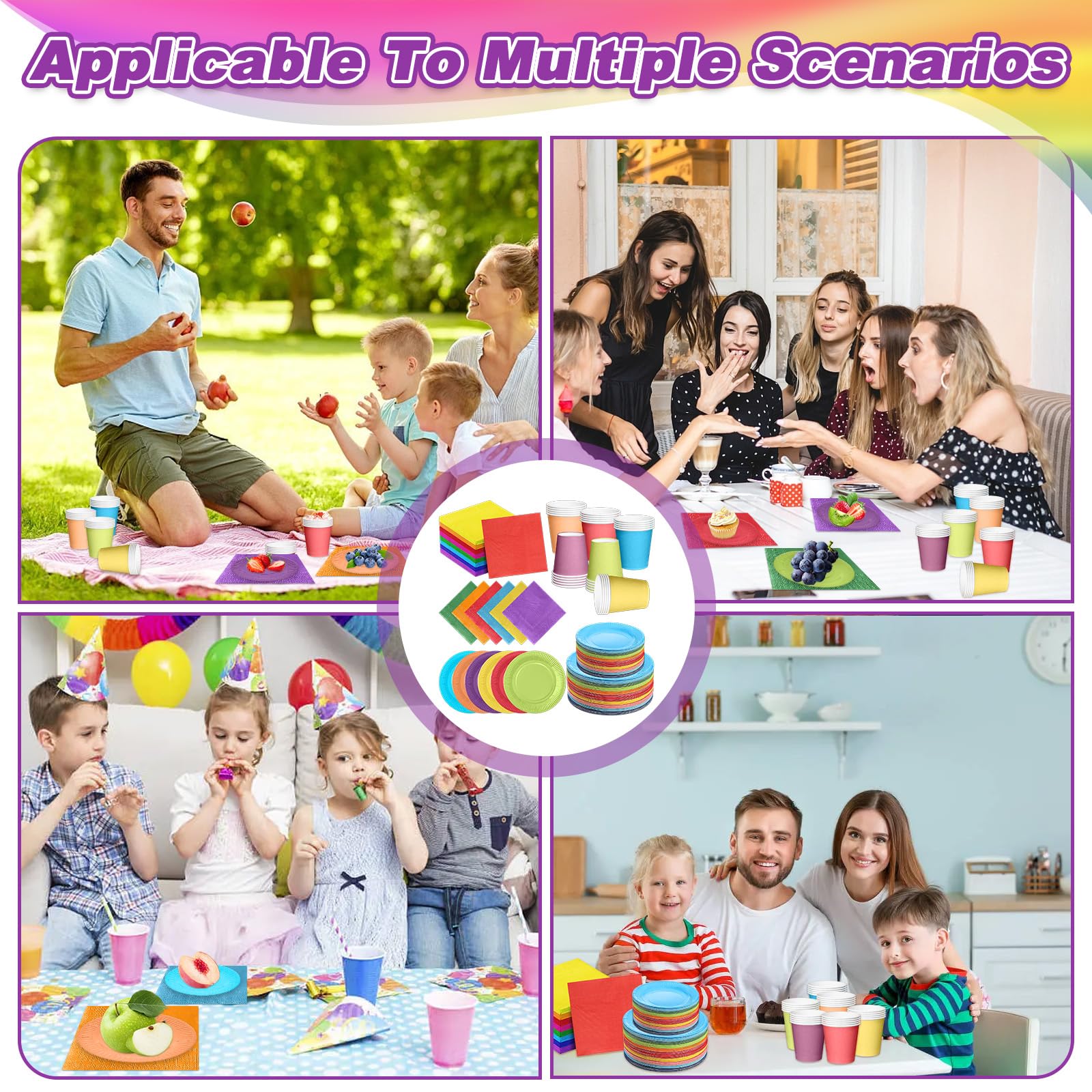 Confezione da 90 piatti di carta colorati per feste, bicchieri, tovaglioli, set da tavola multicolore per feste, pranzi, cocktail, 250 ml, bicchieri di carta per fai da te, compleanni, vacanze
