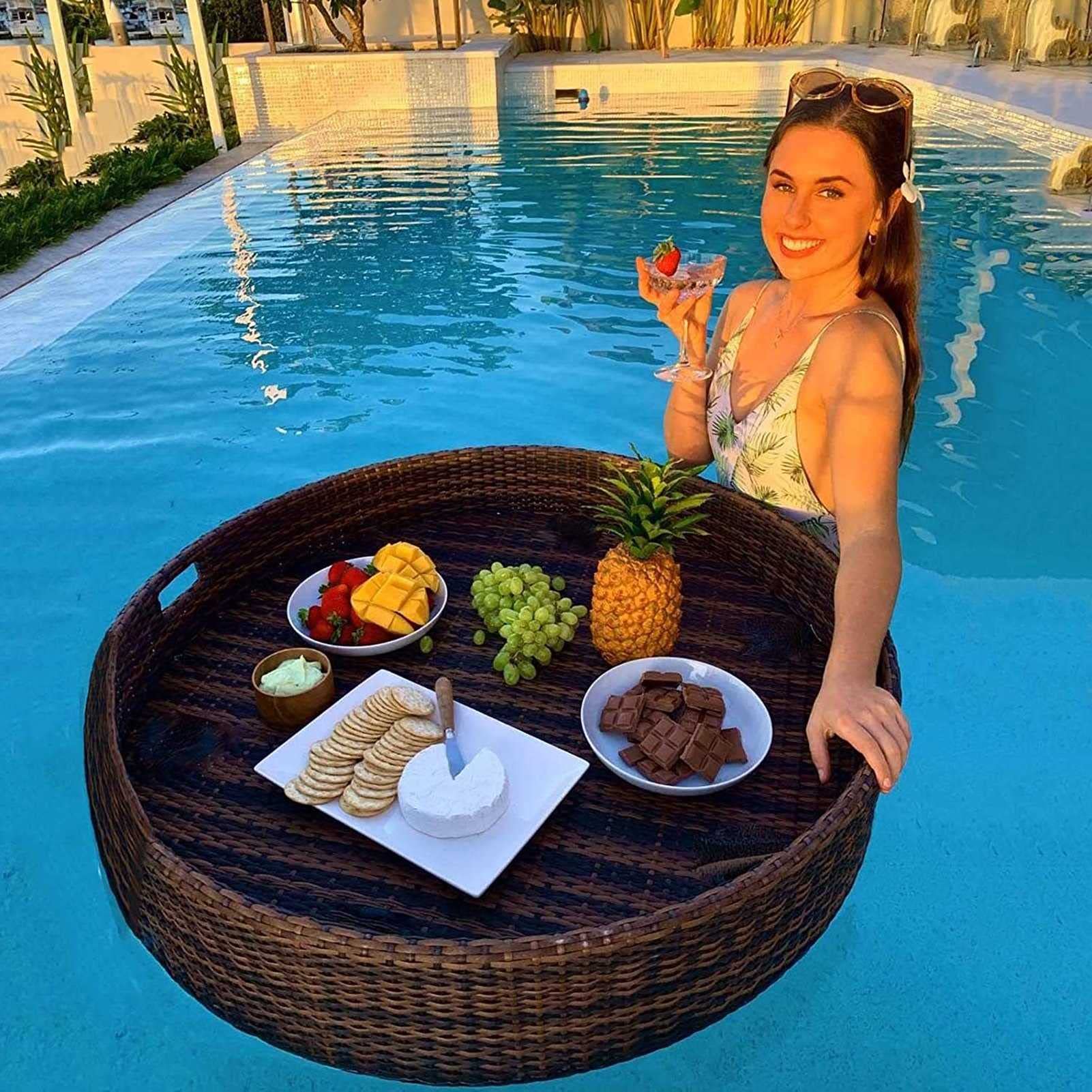 Swimming pool floating bar, Rattan Floating Breakfast Tray Luxury Floating Serving Tray Table and Swimming Pool Floats(Brown,80CM)