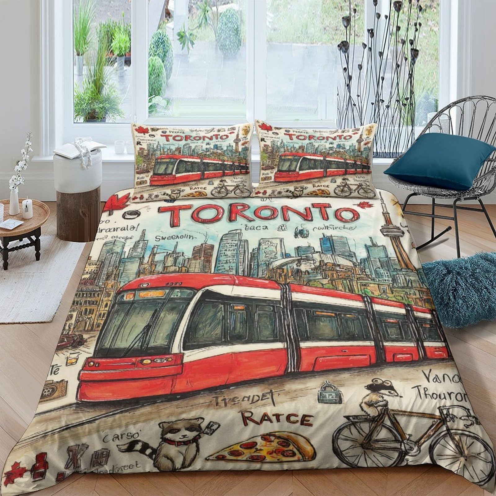 Ctjqhvkz Style-4 3D Printed Toronto Tram Fitted Sheet Microfiber Soft Urban Cityscape Bed Cover For Adult Teen Bedroom Decor Single（135X200cm）