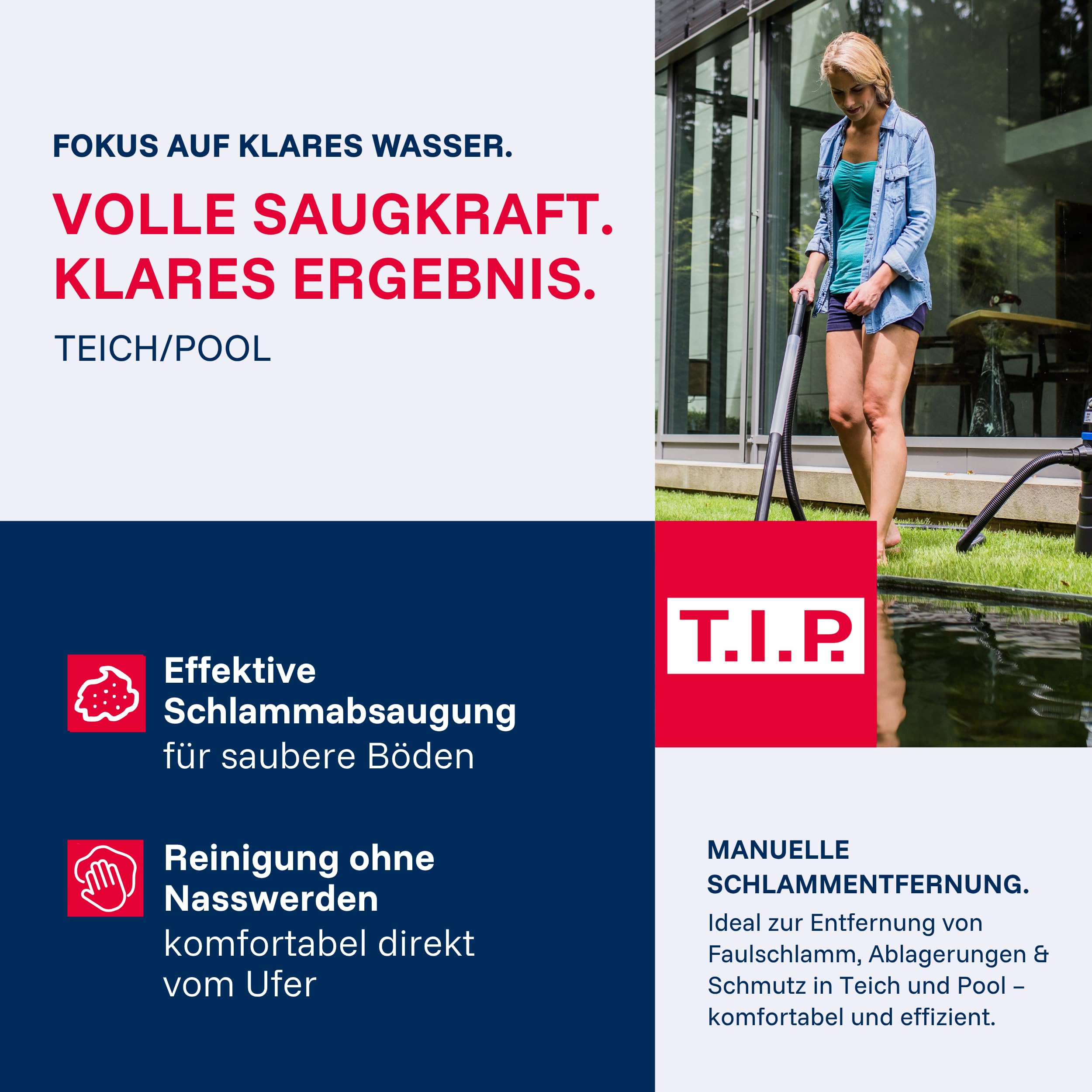 T.I.P. Teichschlammsauger - Poolsauger (Tankvolumen 30 l, Saugrohr 2m – vierteilig – 2X transparent, Flachdüse für Teichschlamm, Grobfilter und Schmutzauffangsack, Rückschlagkappe) TSS 1600 K, 30519