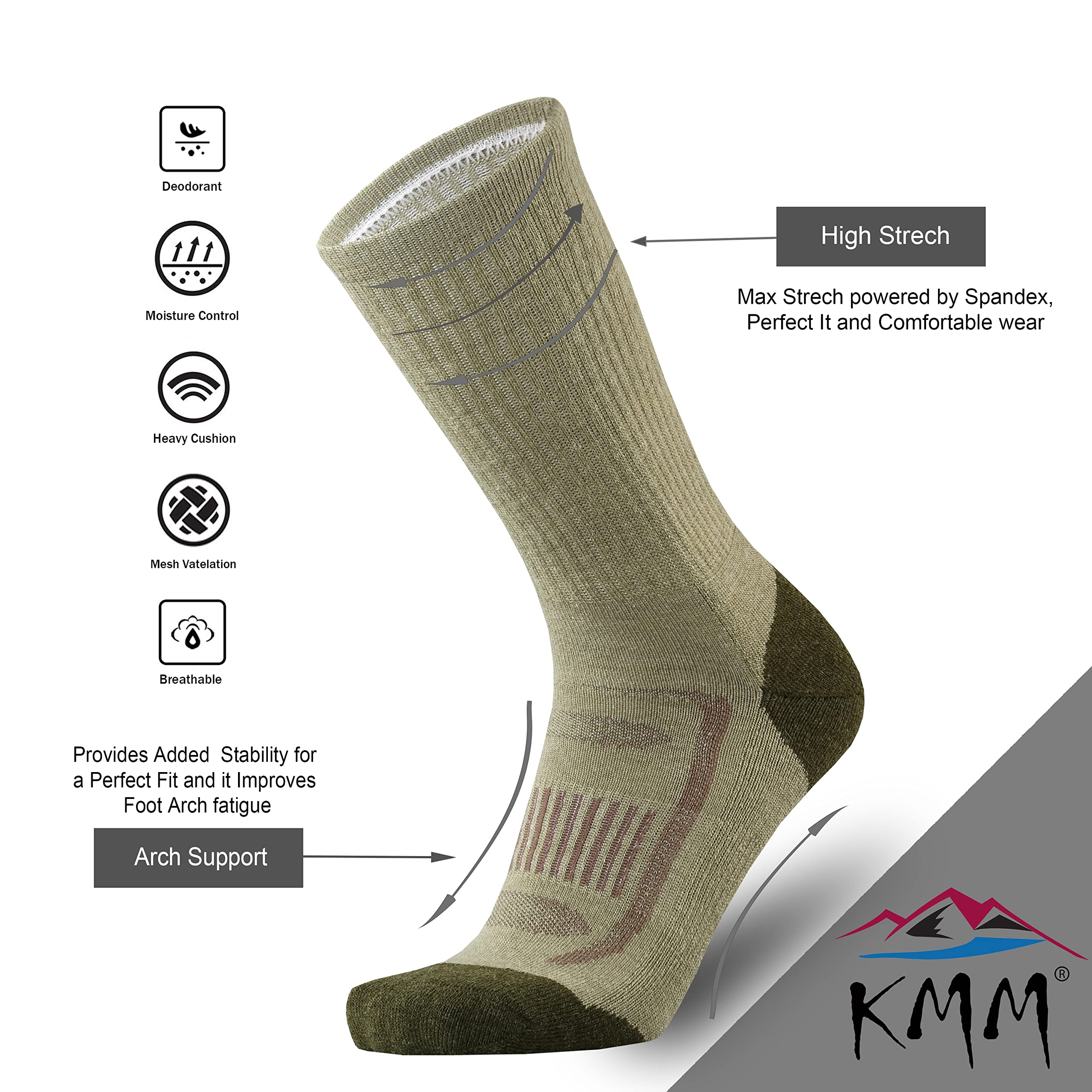 KMM Men's Merino Wool Cushion Crew Socks Moisture Wicking Control Medium Weight Warm for Outdoor Hiking Hike Trail Cycling(Green L)