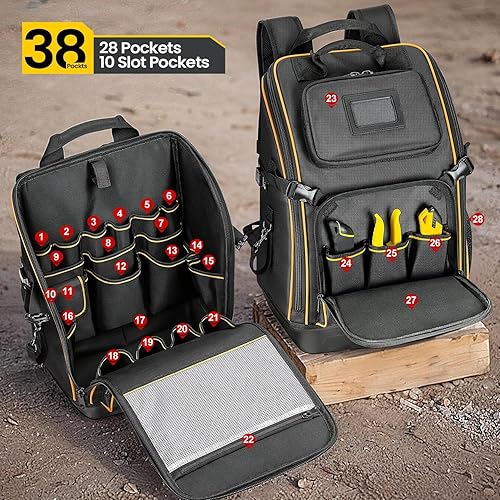 Miniatura 6 de Mochila de herramientas con respaldo acolchado de malla de aire, 19.7 x 15.4 x 8.3 pulgadas, correas ajustables, color negro