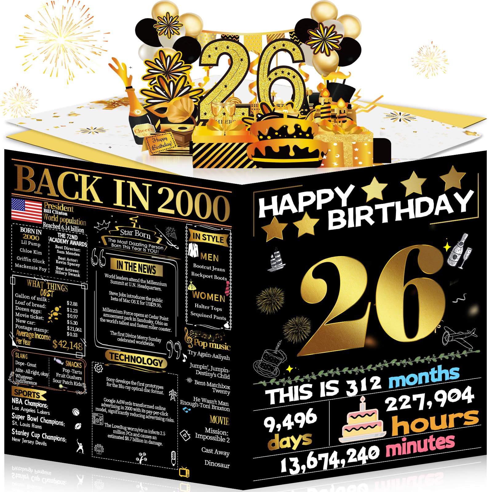 Joycard 26th Birthday Card for Women Men, 3D Pop Up Happy Birthday Gift for Her Him, Funny 26 year old Birthday Decorations for Daughter Son, Back in 2000 Laser Gold Retro Theme