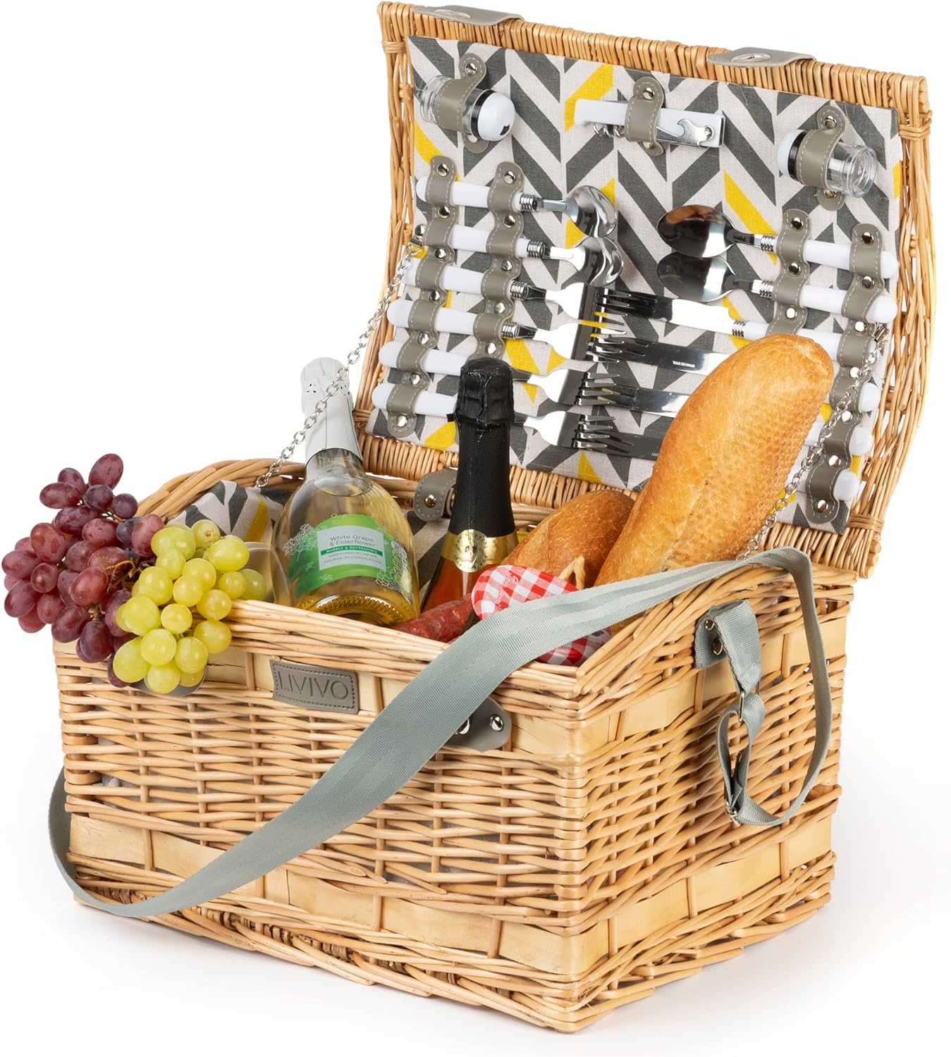 LIVIVO 4 Person Traditional Picnic Wicker Hamper Willow Basket With