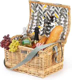LIVIVO 4 Person Traditional Picnic Wicker Hamper Willow Basket With Cooler Bag Geo XL Extra Large Snack Drink Storage – Includes Ceramic Plates, Glasses, Cutlery, Bottle Opener, Napkins & Blanket Mat