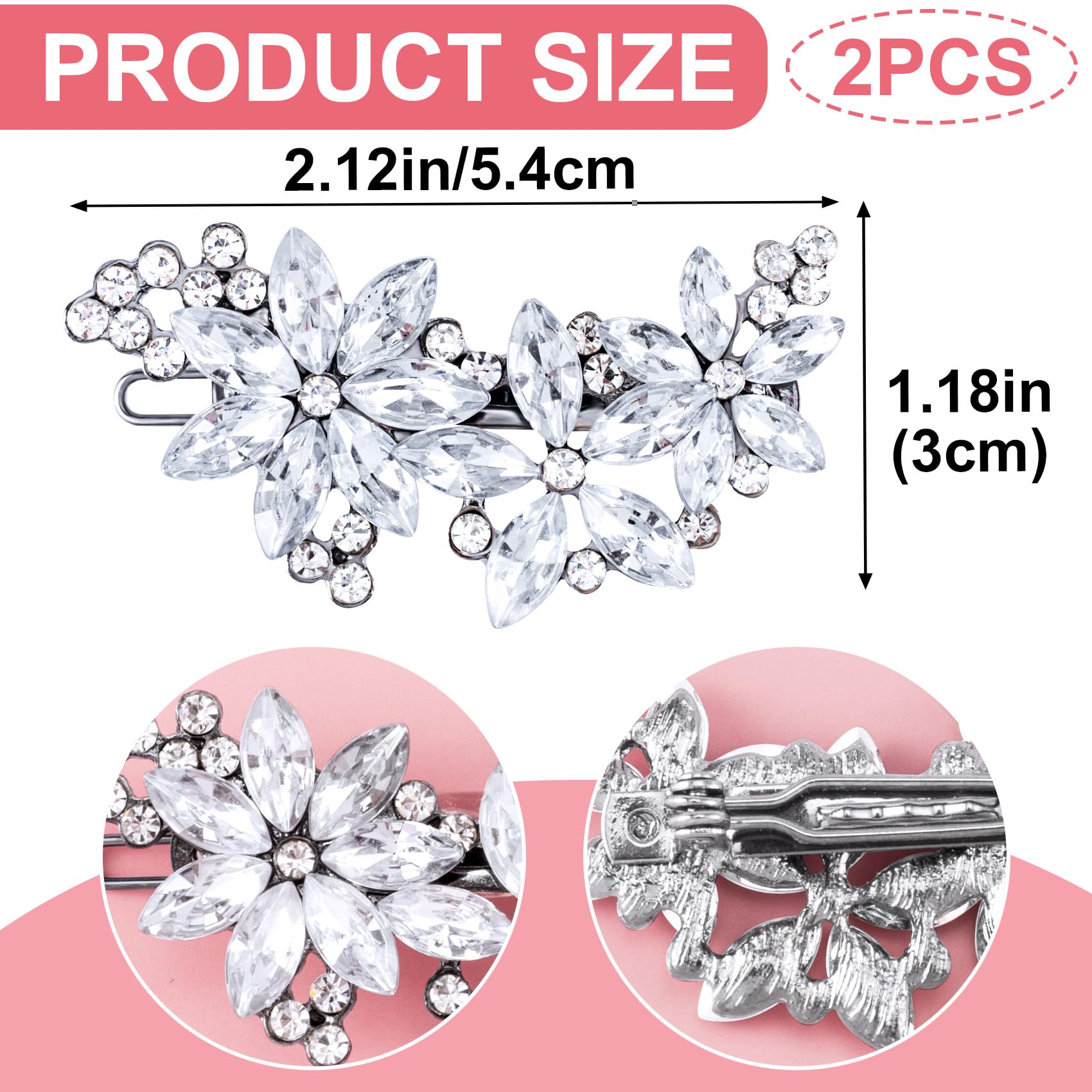 Bridal Hair Clip Silver Rhinestones Crystals Champagne Pink 2Pcs Silver Pearl Hair Clips, Sparkly Crystal Rhinestone  main image 2