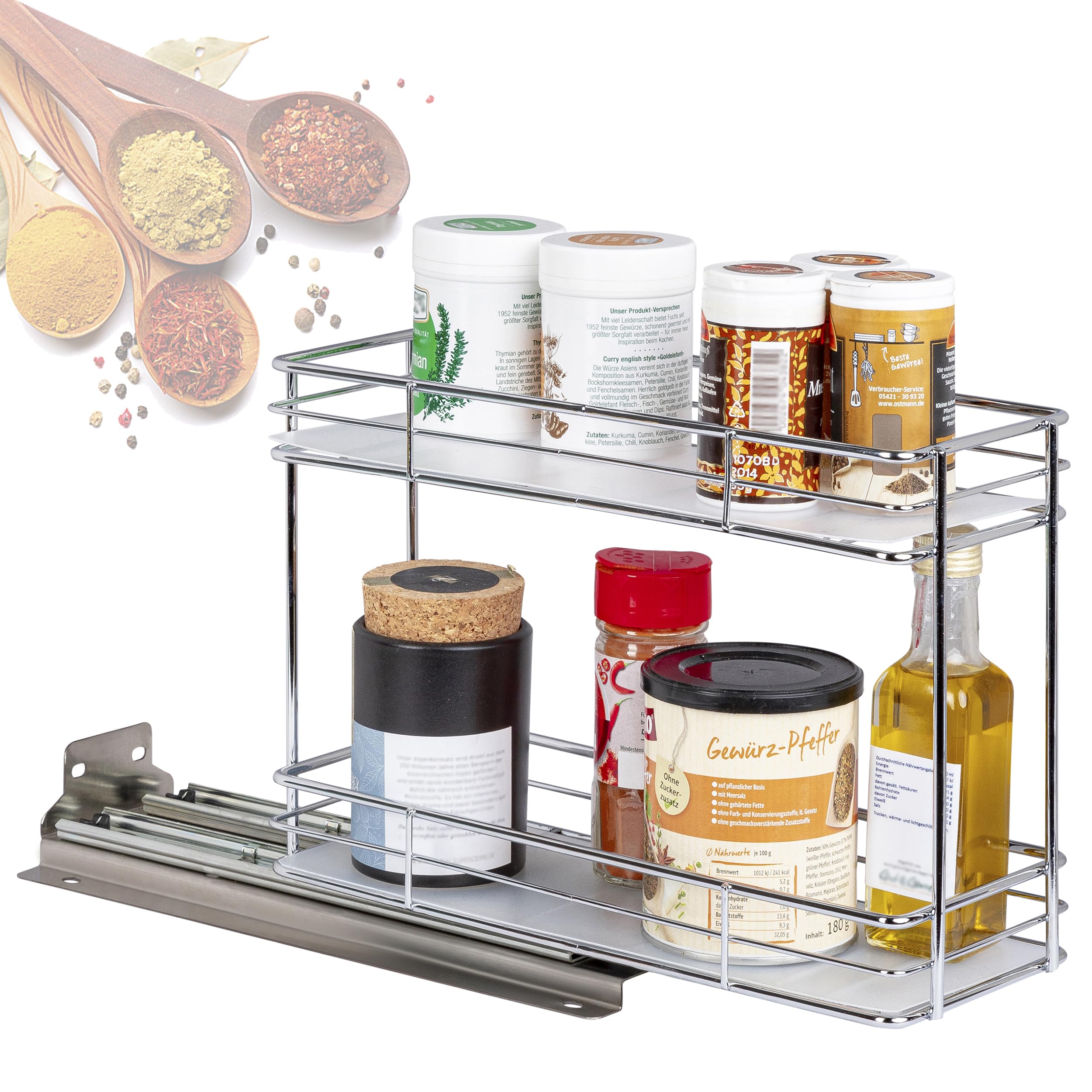 ONVAYA® Gewürzregal ausziehbar | Doppelkorb | Gewürzständer aus Edelstahl | Schrankeinsatz für die Küche | Regal Organizer | Teleskop-Gewürzregal für Schränke | 2 Stück