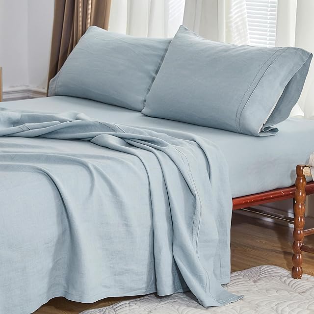 Simple&Opulence 100% French Linen Sheet Set Breathable Durable for Hot Sleepers Bedding 3 Pcs -1 Flat Sheet,1 Fitted Sheet,1 Pillowcase with Hemstitch Lace Embroidery Luxury Design (Dusty Blue, Twin)