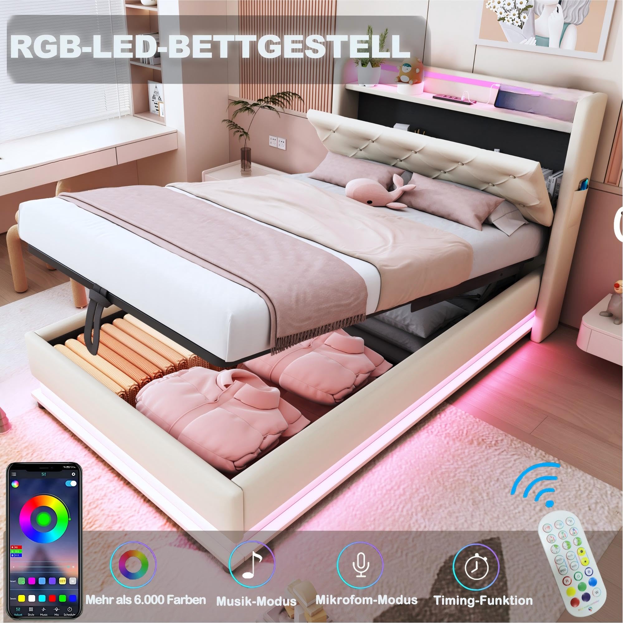 Cama Tapizada Cama Infantil 90x200 cm con Luz LED y USB, Camas Juveniles Individual con Cabecero Reversible y Almacenamiento Hidráulico, Estructura Camas Individuales, Lino, Sin Colchón, Beige