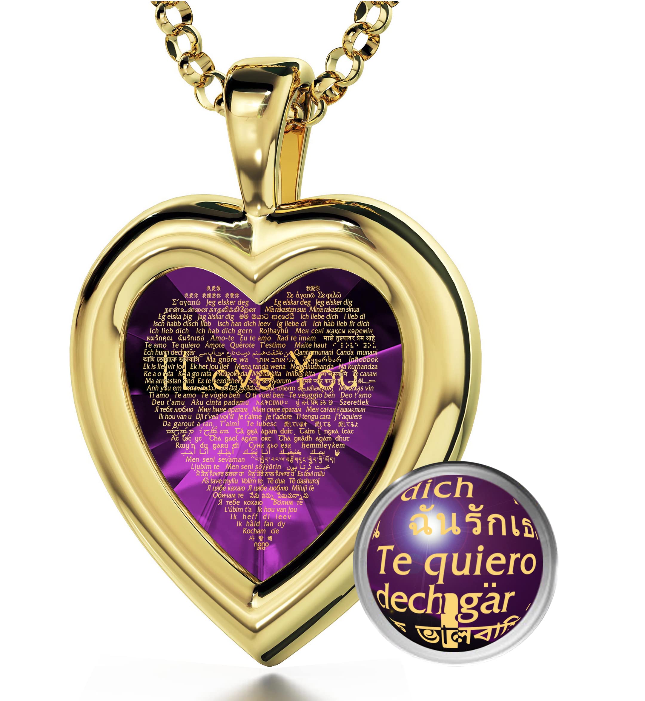 NanoStyle Gold Plated Silver Heart Pendant I Love You Necklace in 120 Languages in Pure Gold Inscribed on Anniversary Purple Heart-Shaped Cubic Zirconia Gemstone for Wife, 18" Rolo Chain