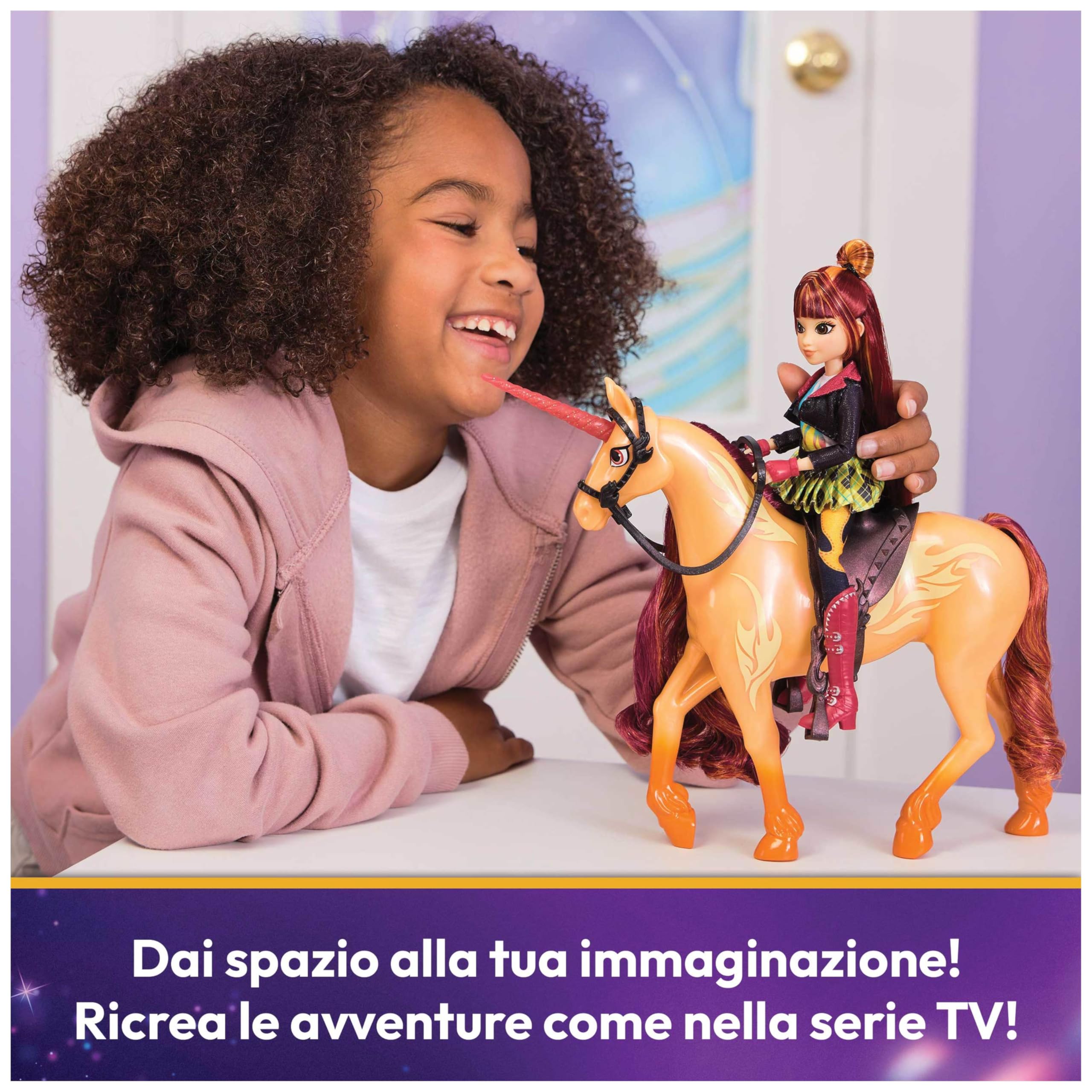 Unicorn Academy, Unicorno Cinder, 2 accessori da Equitazione,. Alto 27,9 cm, Compatibile con la bambola di Valentina, Bambole e Unicorni Giocattolo per Bambine dai 4 anni in su