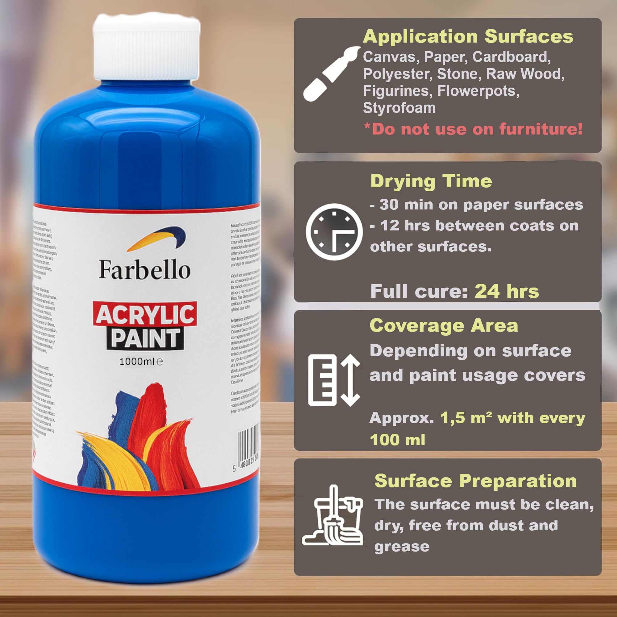 Juego de 6 pinturas acrílicas de 1000 g cada una, a base de agua, resistente al agua y altamente pigmentadas, kit de pinturas acrílicas para madera, lienzo, tela, piedra, 6 x 1000 g