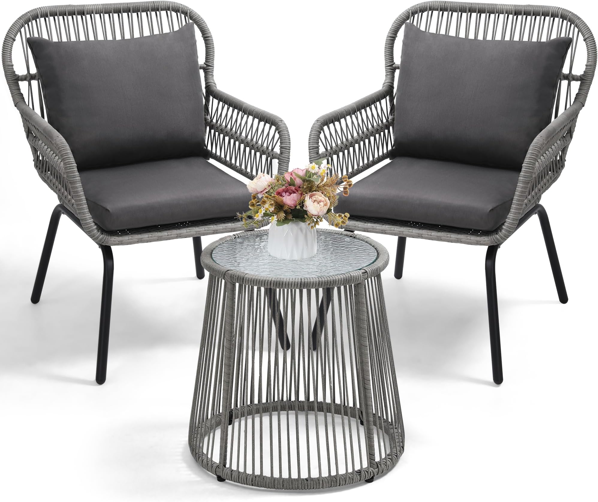 wildformers 3 Pieces Rattan Wicker Bistro Set, Patio Conversation Set, Grey