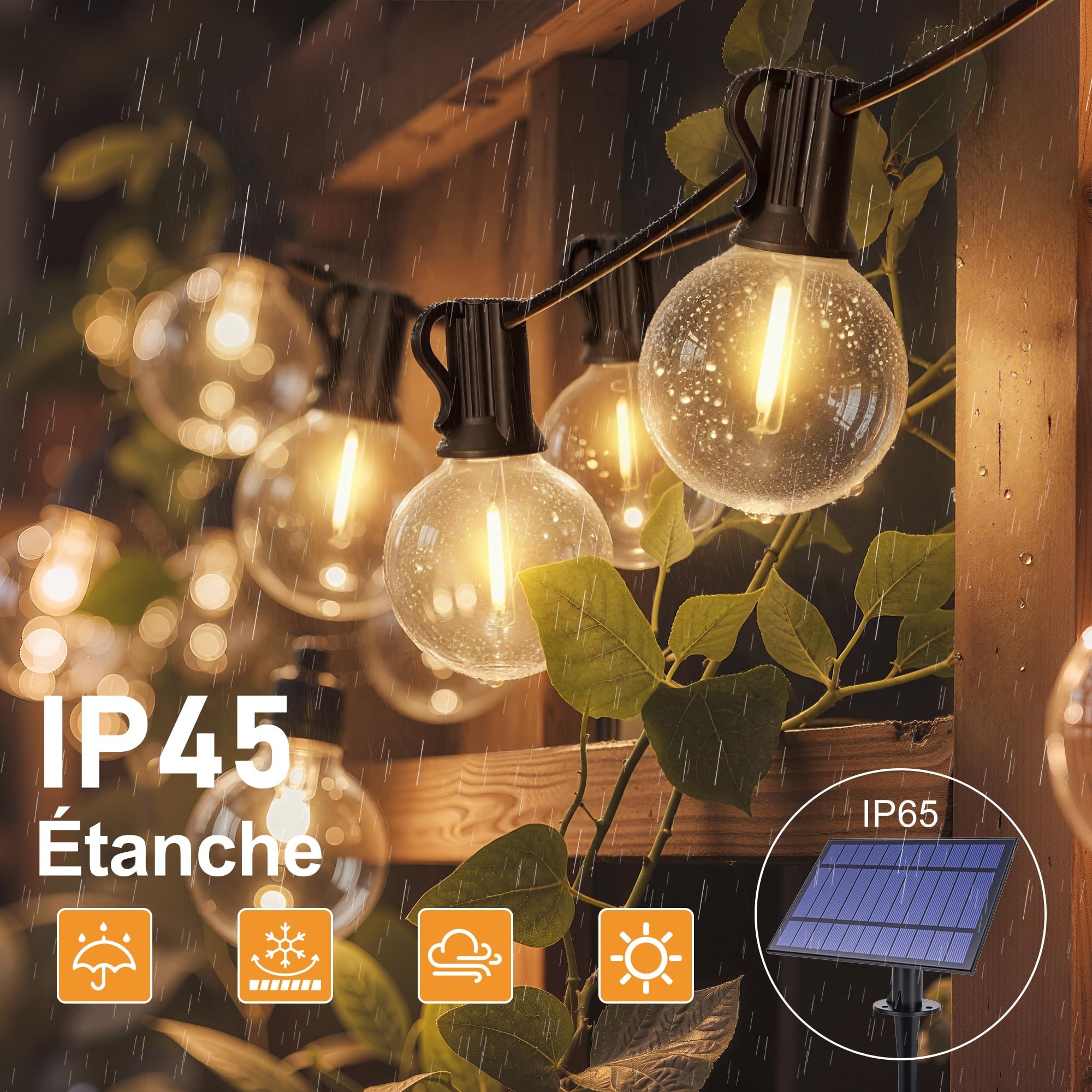 HeiPard LED Guirlande Solaire Exterieur 15m 25+2 G40 Ampoules, Guirlandes Lumineuses Blanc Chaud, 3 Modes, Étanchéité IP45, Décoration, FêTe, Patio, Jardin, Camping