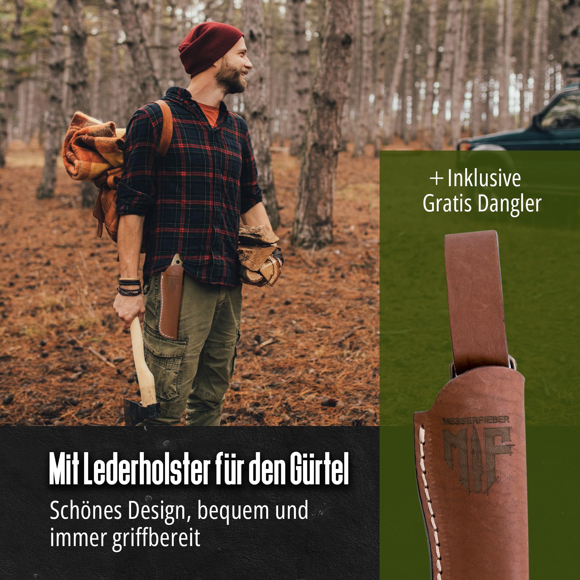 Messerfieber® Outdoormesser Waschbärklinge [Mit Stonewash-Finish & T10-Griff] – inkl. Lederscheide – Outdoor Messer für Bushcraft & Abenteuer – Survival Messer (Handgefertigt & Korrosionsbeständig)
