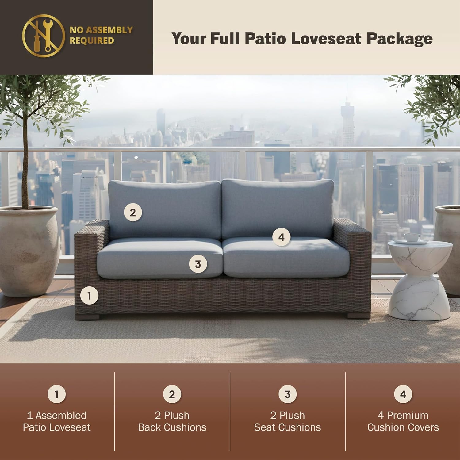 Kinger Home Ella Outdoor Loveseat, Handwoven Wicker Patio Couch with Deep Seat, High Back, Rust-Resistant Steel Frame, Weather-Resistant Cushions, for Deck, Garden, and Backyard