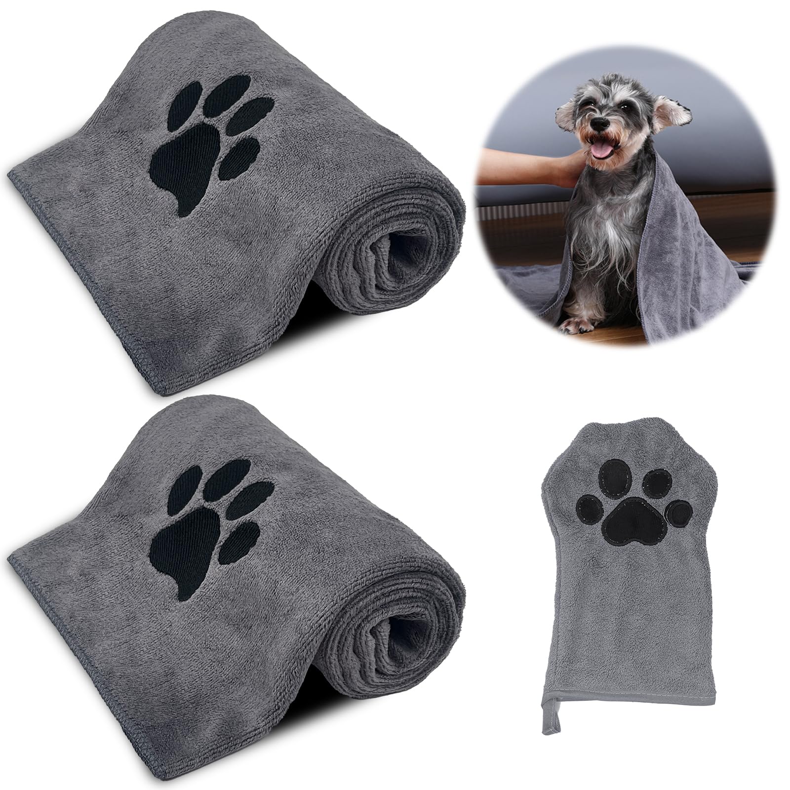 NVGVUP 3 stuks hondenhanddoeken, extra absorberend, grijze hondenhanddoek, hondenaccessoires voor hondendouche, microvezel handdoek voor katten, kleine, middelgrote en grote hond (75 x 35 cm