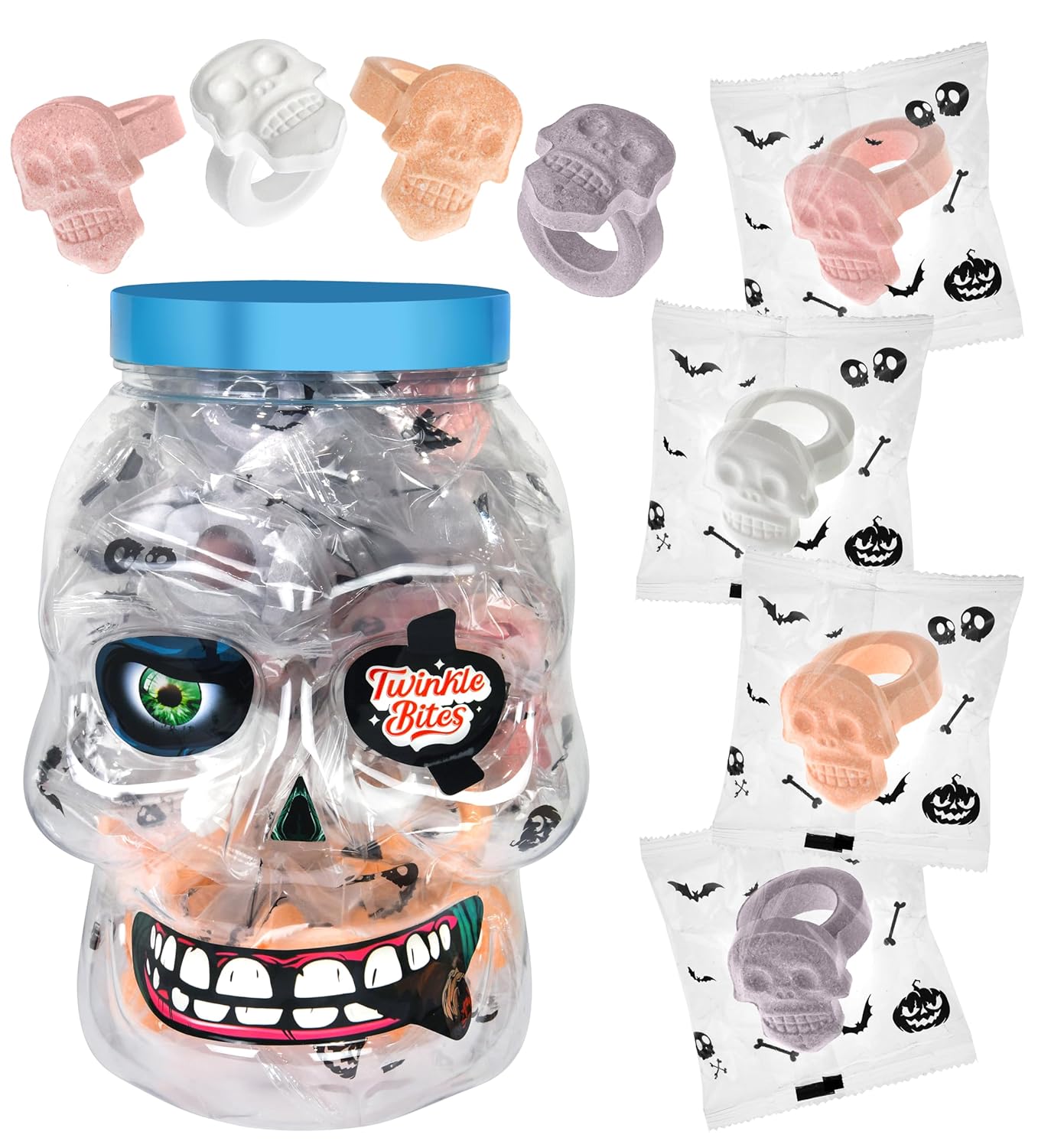 30 Pack Halloween Ring Candy - Individually Wrapped Holiday Themed Skull Candys Packed in a Skull Jar – Trick Or Treat Strawberry And Tutti Frutti Delicious Candys - Bulk Halloween Suckers Great Use, For Kids, Trick Or Treat, Party Favor, Classrooms, Goodie Bags 30 Halloween