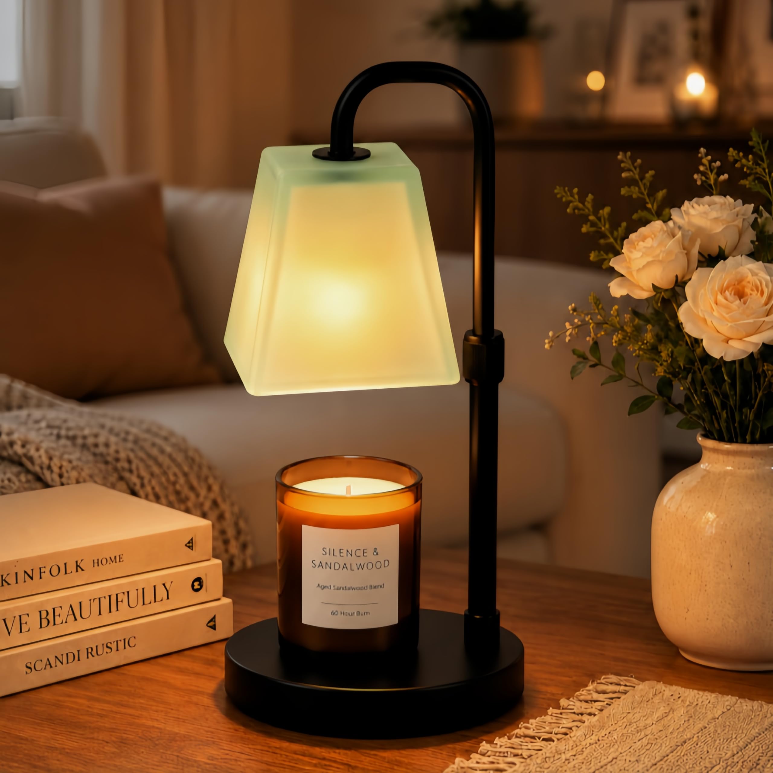 QUIGO Candle Warmer Lamp with Timer Dimmable Adjustable Height Glass Lampshade Electric Wax Melter for Scented Candles Desk Table Aesthetic Room Decor Night Light Lamp Warming Gifts for Women Green — image 1