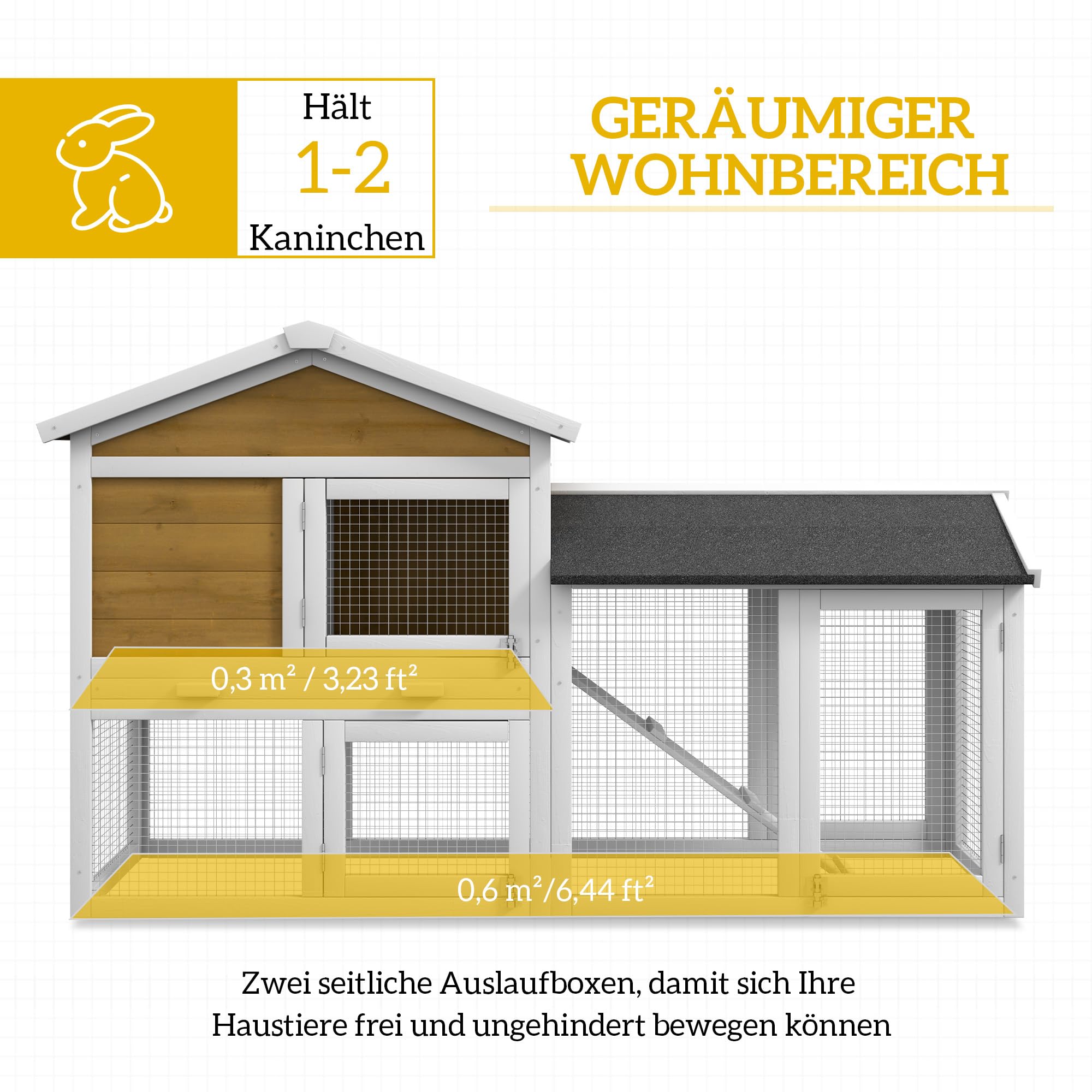 PawHut Conejera de 2 pisos, resistente al invierno, de madera, 147 x 54 x 84 cm, jaula para conejos con techo de betún impermeable, rampa para 2 conejos enanos, para exteriores, color amarillo