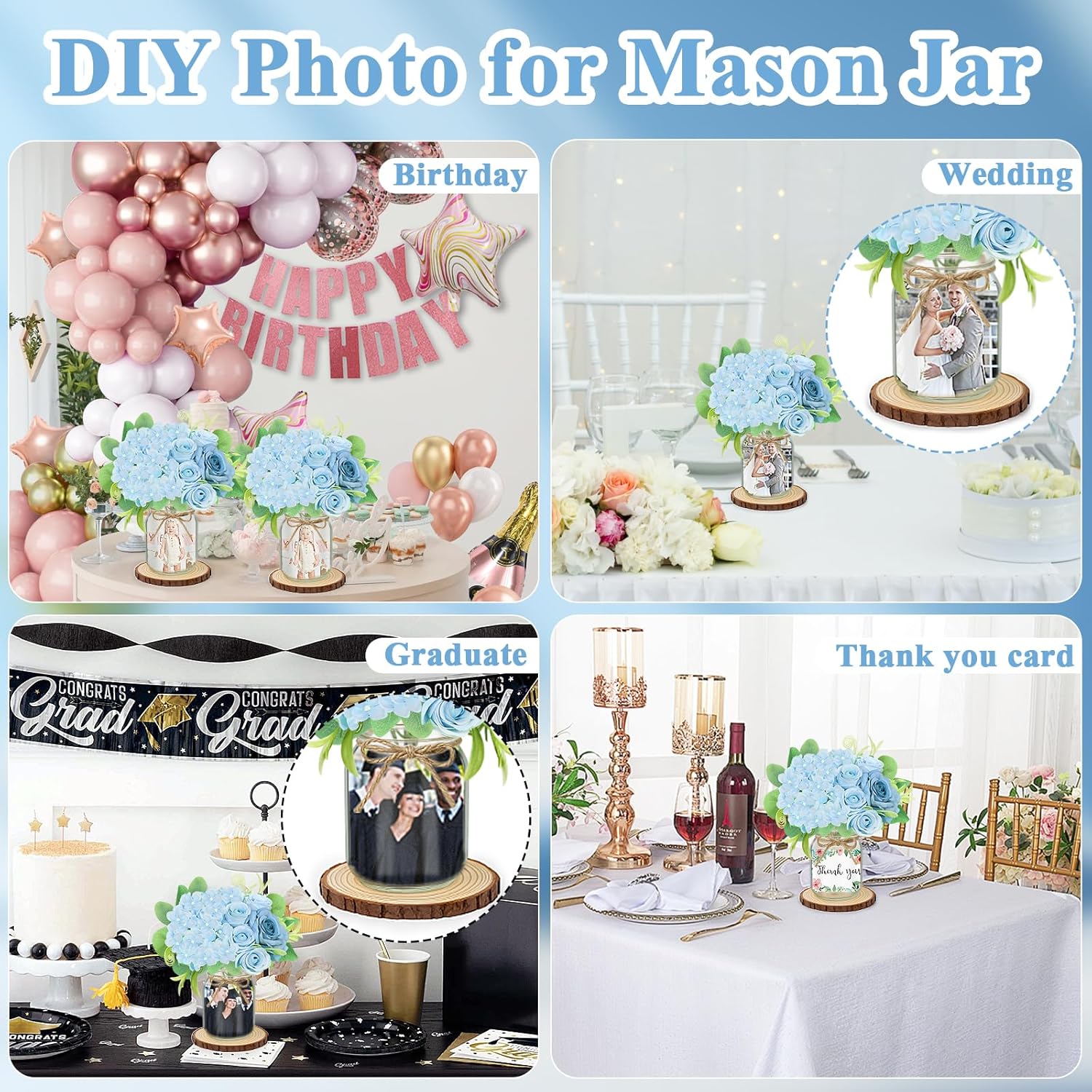 Set 10 Mason Jar Table Centerpiece - Wedding Centerpieces for Tables, Mason Jar Flower Centerpiece Vases Decor- Boho Farmhouse Rustic for Engagement, Bridal Shower, Wedding, Versatile Decor (Blue)