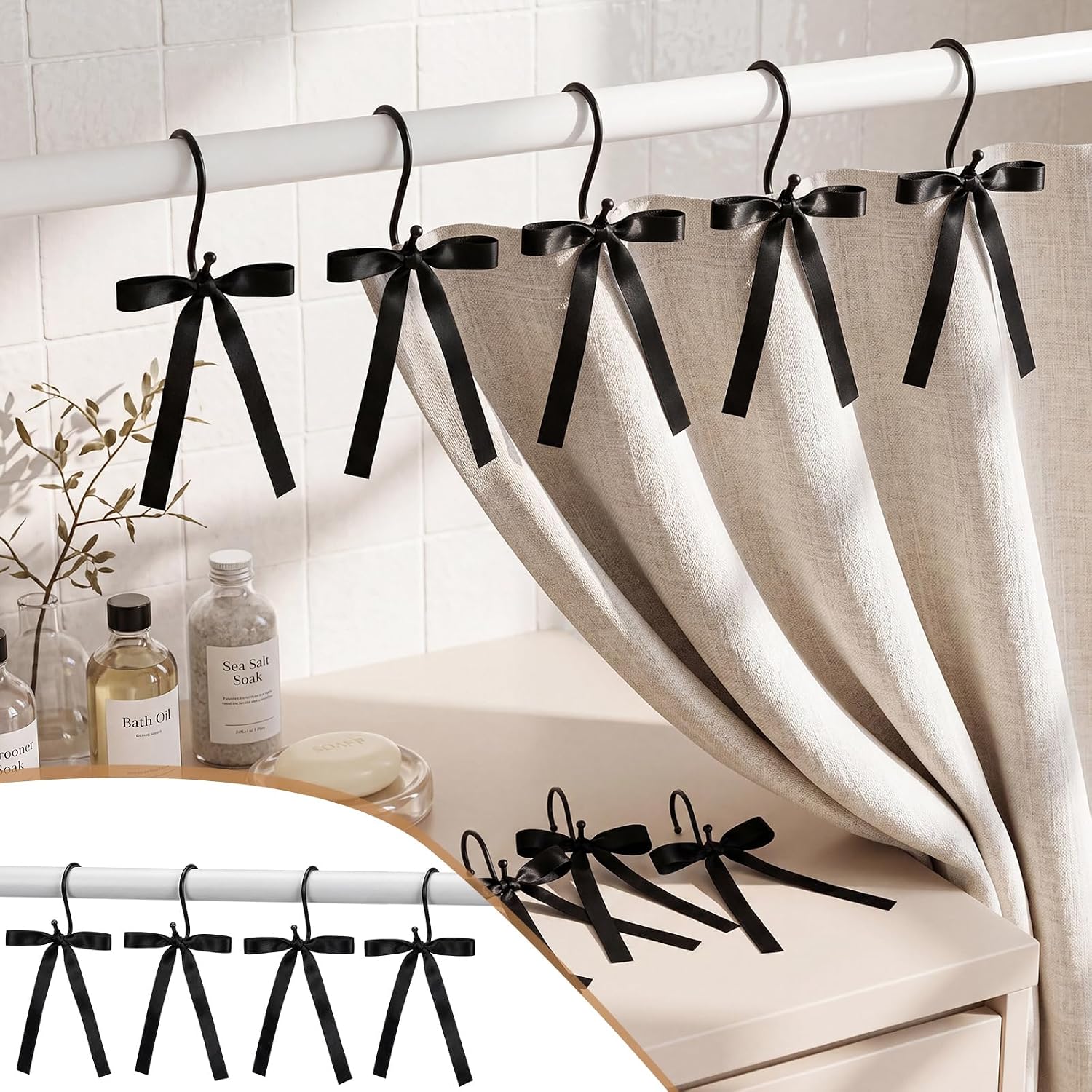 Novabright 12 Pcs Shower Curtain Hooks Rustproof Metal S Hooks with Bow