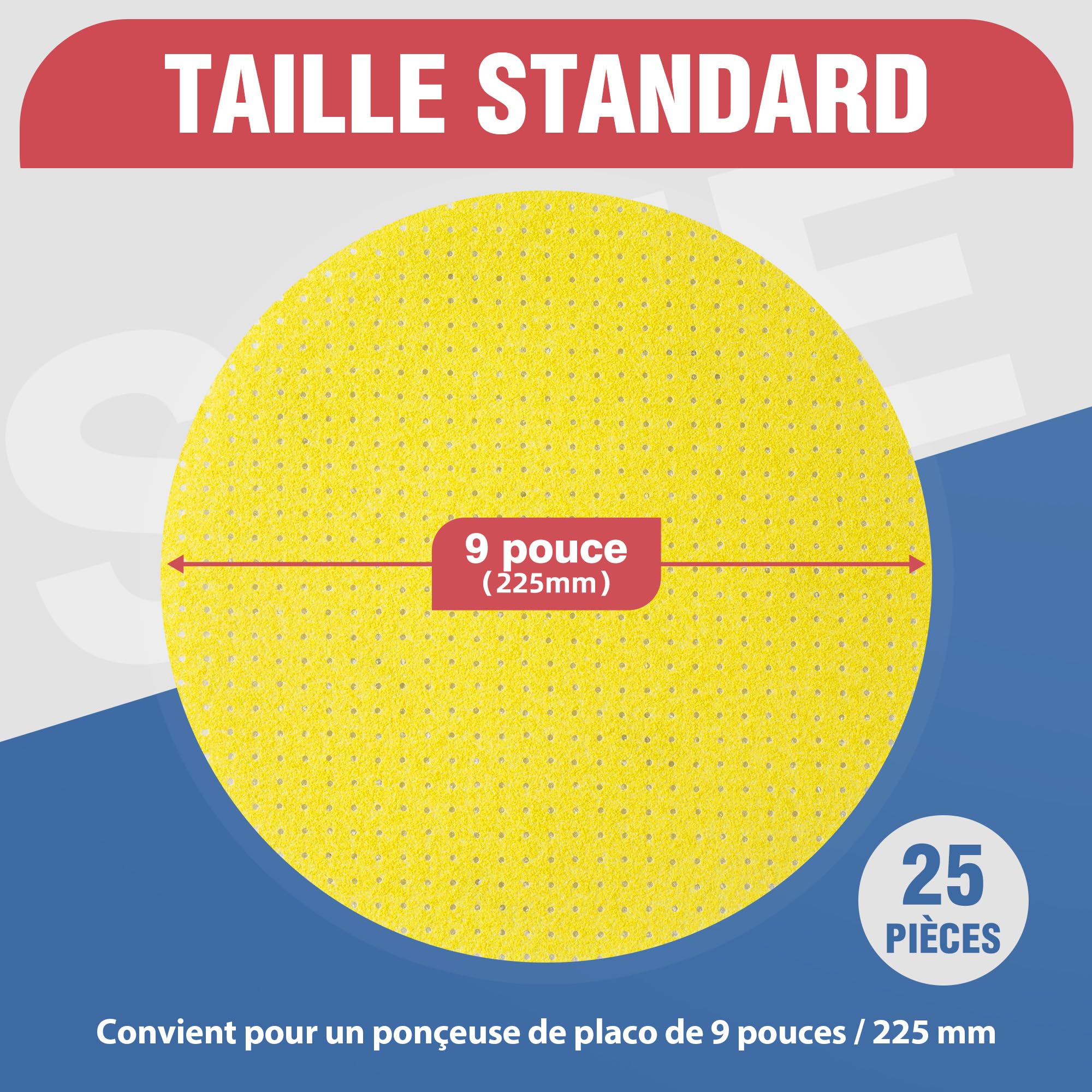 25 Pièces 225mm Disque Abrasif Grain 40 Pastilles Abrasives Papier de Verre Perforés Disques Abrasifs Pour Ponceuse Gypsière/Girafe de Ponçage/Ponceuse de Plafond