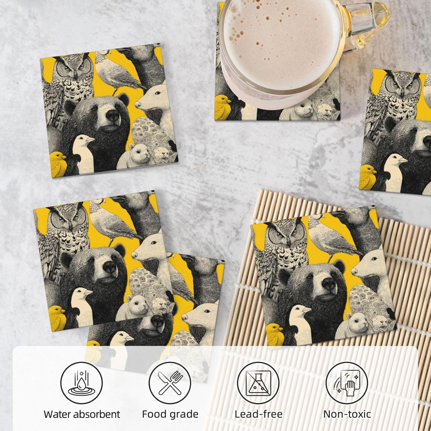 (Many Animals) Ceramic Coasters Set of 6 with Holder Non-Slip Square Coffee Coasters for for Cup Mug Drink Patio Coffee Table Decor, Christmas Coasters Home Bar Supplies