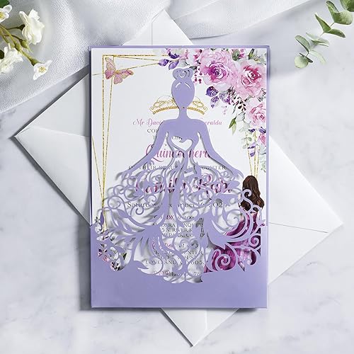Miniatura 2 de ponatia 25 tarjetas de invitación de quinceañera de corona lila durante 15 años, dulces 16, XV ANOS, tarjetas de invitación de cumpleaños cortadas