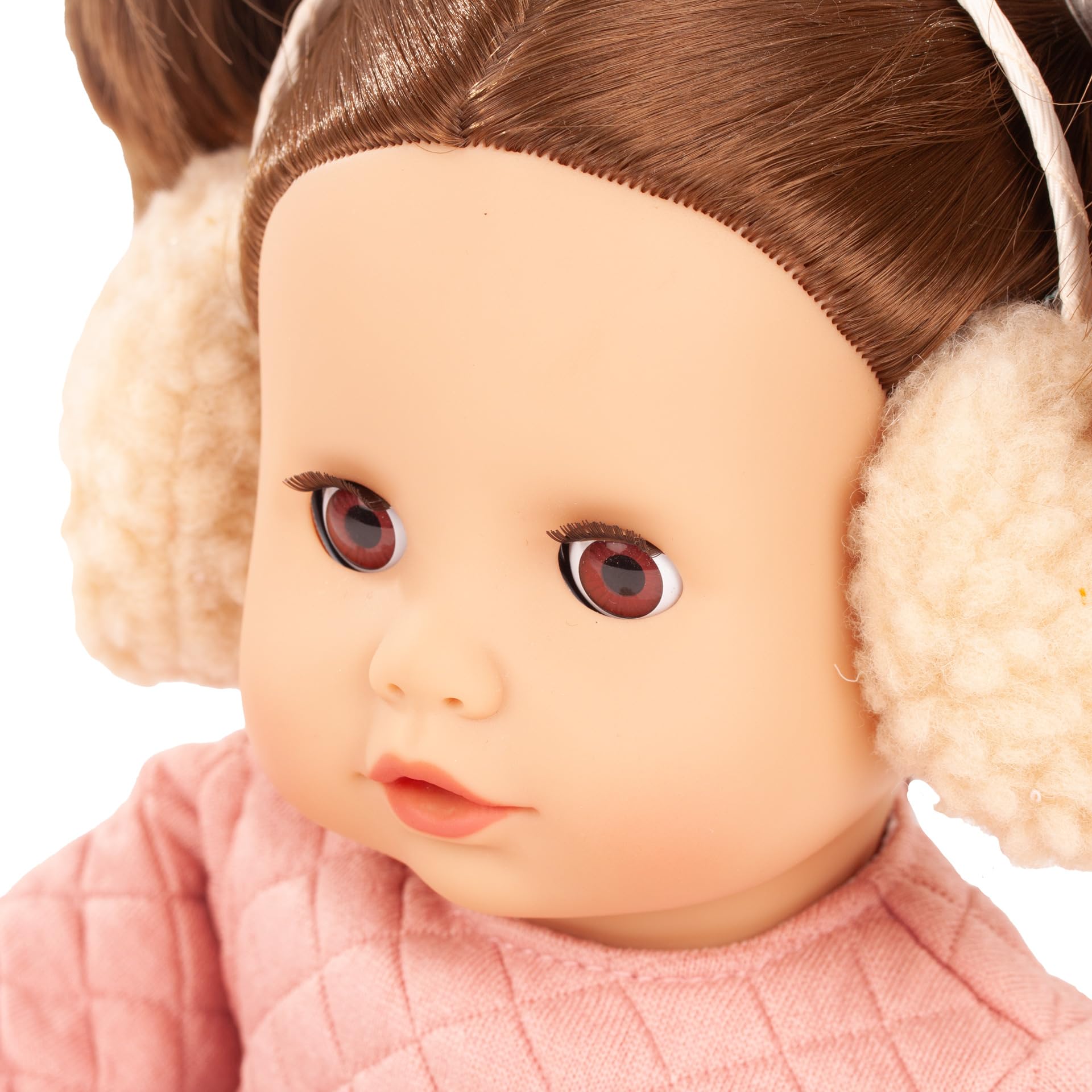 Götz 2620971 Muffin Bärig Puppe 33 cm Babypuppe braune Schlafaugen | 7-tlg, braune Haare, Weichkörper, für Kinder ab 3 Jahren, frisierbar, waschbares Haar, mit Schnuller und Ohrwärmern