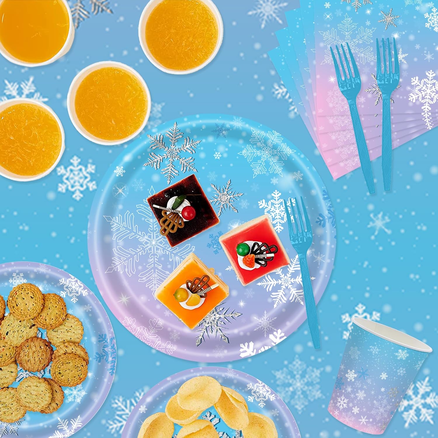 126 Pcs Frozen Birthday Party Supplies Disposable Winter Snowflake Paper Plates Napkins Cups Forks Tablecloth for Christmas Winter Wonderland Frozen Birthday Party Decorations Serves 25 - Image 4