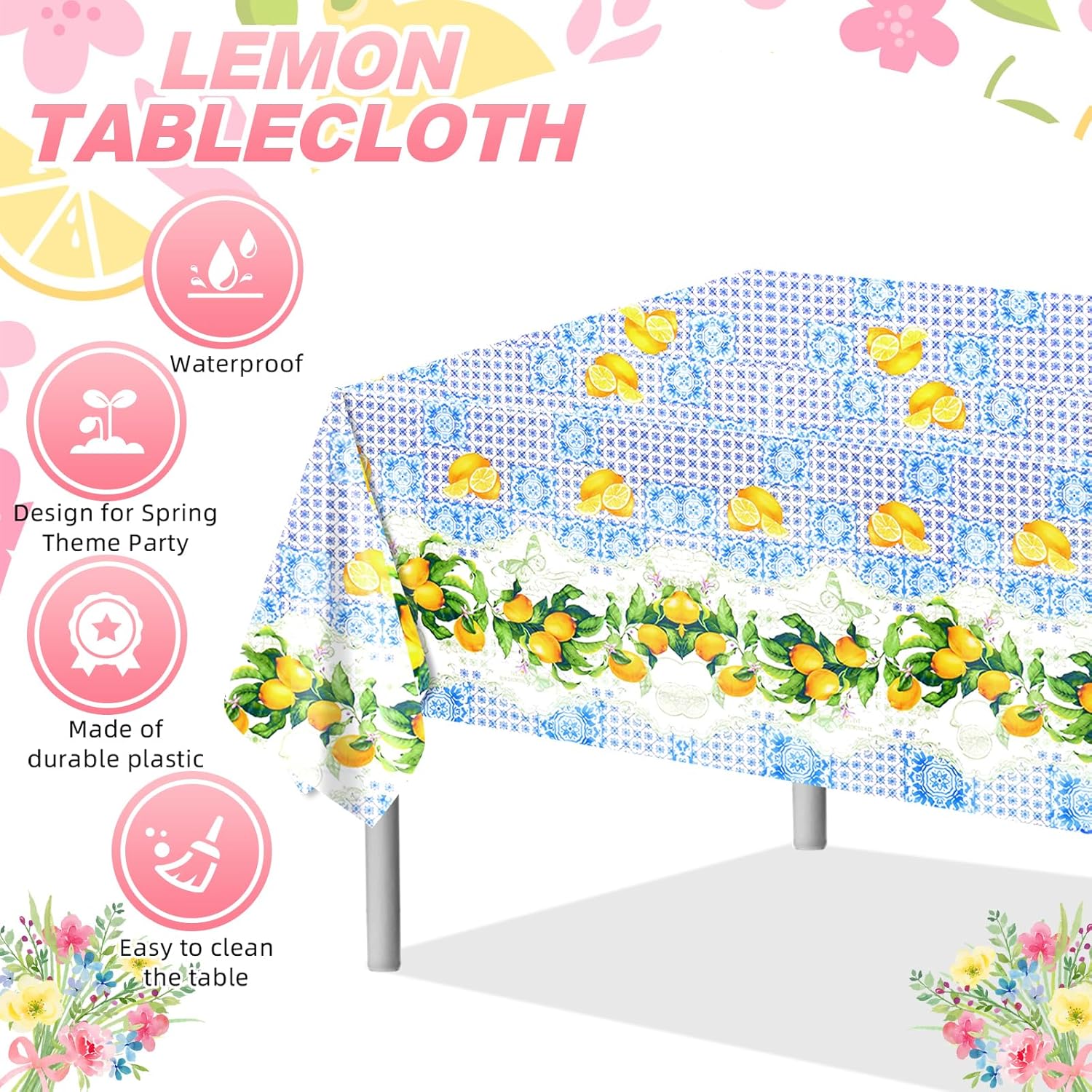PHOGARY Lemon Tablecloth Blue Tiles Lemon Decor Capri Table Cover Amalfi Coast Party Decorations Italian Themed Party Supplies for Baby Shower