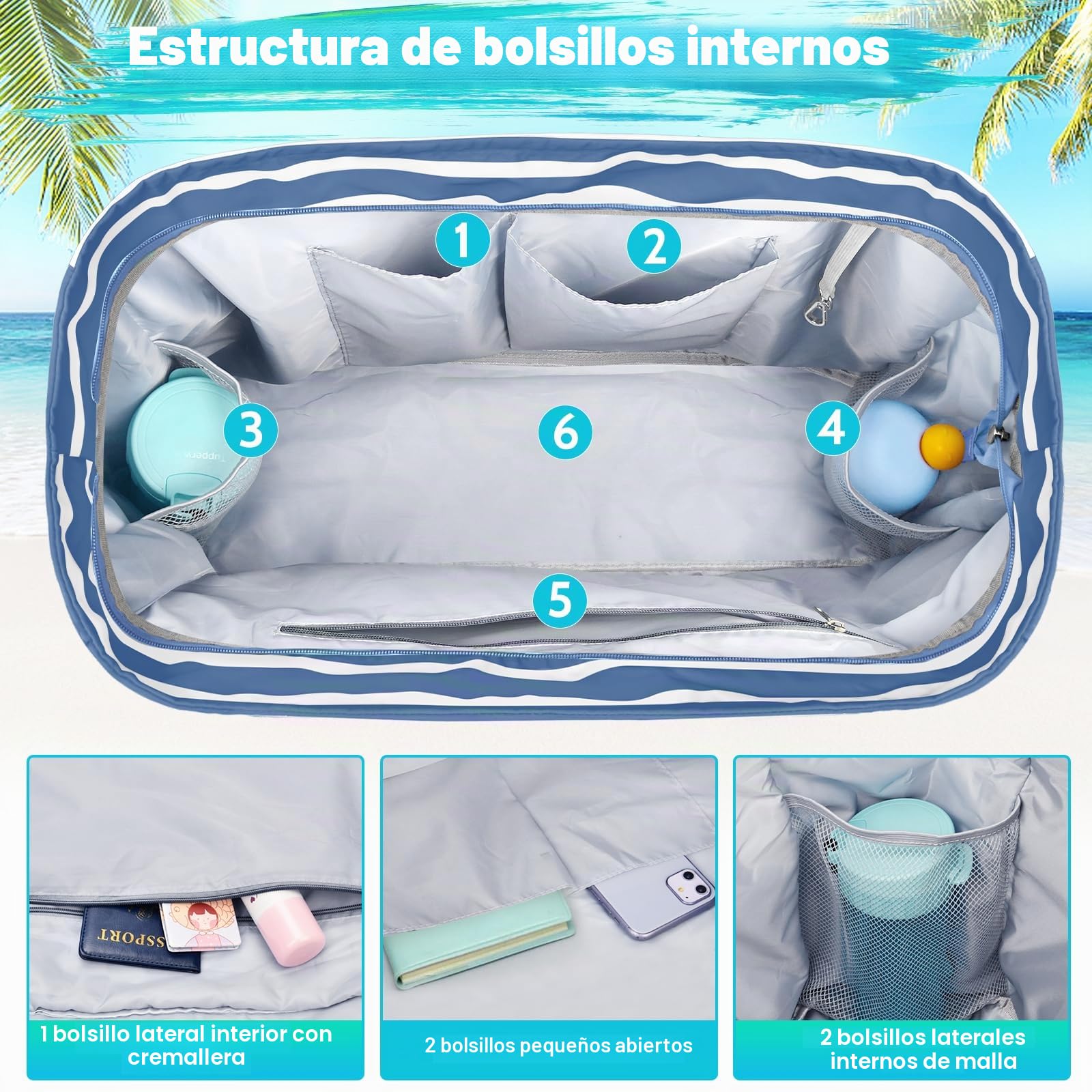 Bolsa de Playa Grande Mujer Impermeable con Cremallera Bolso Playa Grande XXL Familiar 50L Plegable y Ligero Bolsa de Mano con Múltiples Bolsa Tote para Playa Viajes Piscina