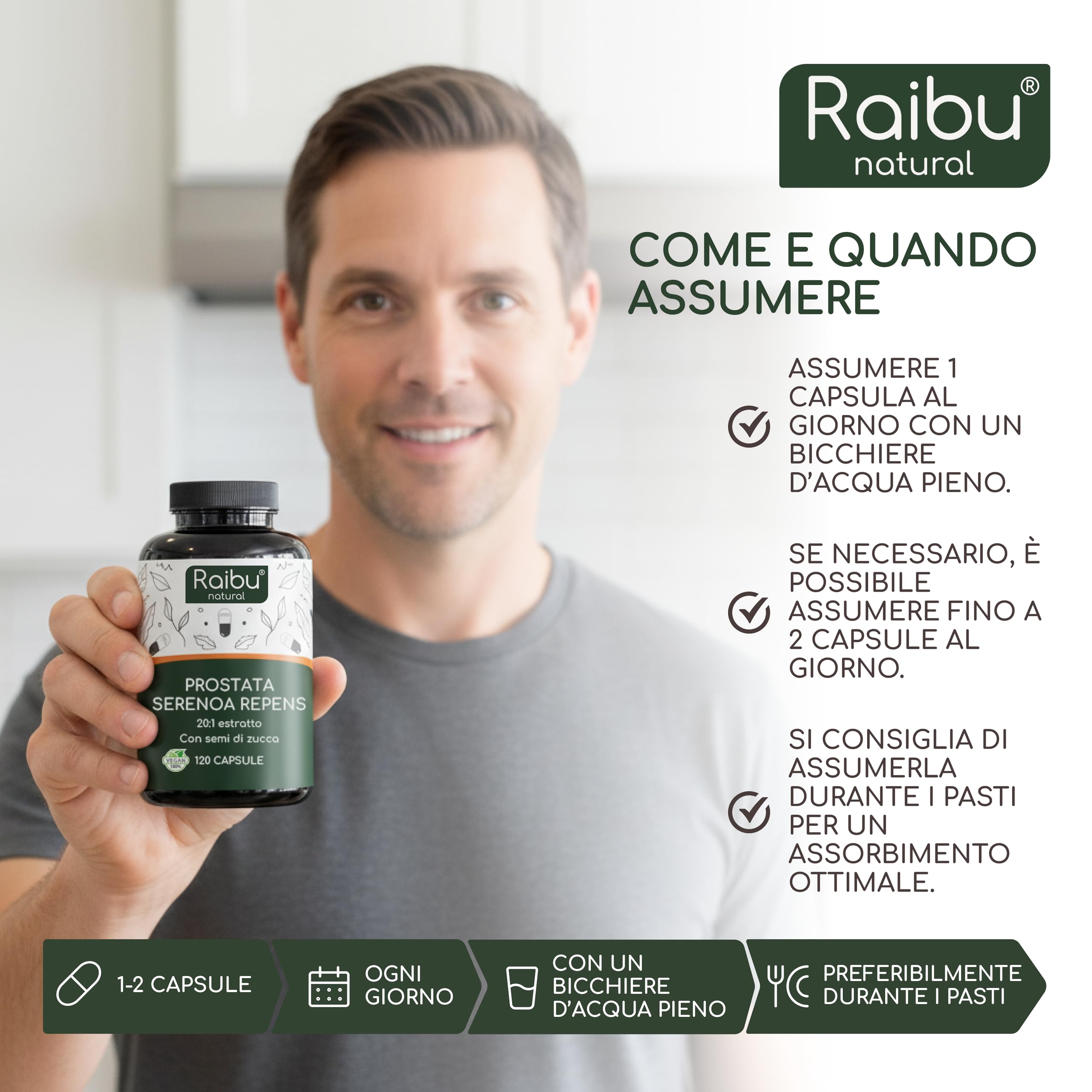 Serenoa Repens - 1100 mg Integratore per la Prostata Uomo, Estratto 20:1 di Saw Palmetto (Serenoa Repens) con Semi di Zucca - 120 Capsule Vegane, Senza Additivi - Raibu