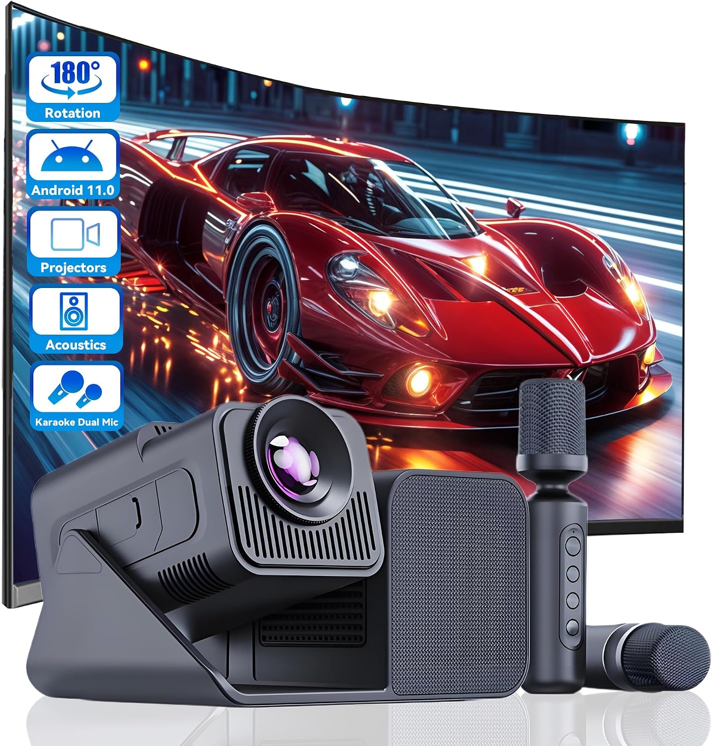 HY360 3-in-1 KTV mini video Projector: HD Home Theater, Karaoke Machine, and Bluetooth Speaker with Dual Microphones, Android 11, Powerful Quad-Core CPU, and Dual-Band WiFi6 (black)