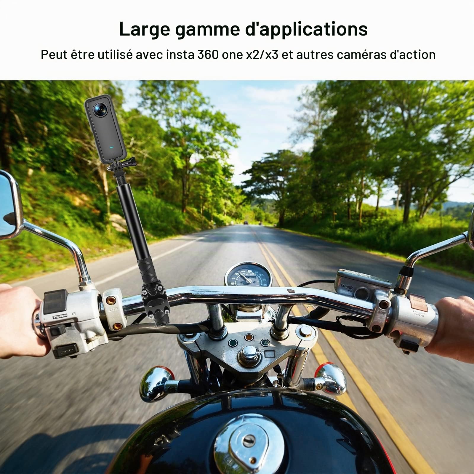PULUZ Adaptateur de Fix de caméra pour Guidon de Moto Perche à Selfie pour Gopro Heor 13 12 11 10, Max 2, Lit/DJI OSMO 360 Action 6/Insta360 X5 X4 Air Go3 Ace Accessoires pour caméra d'action