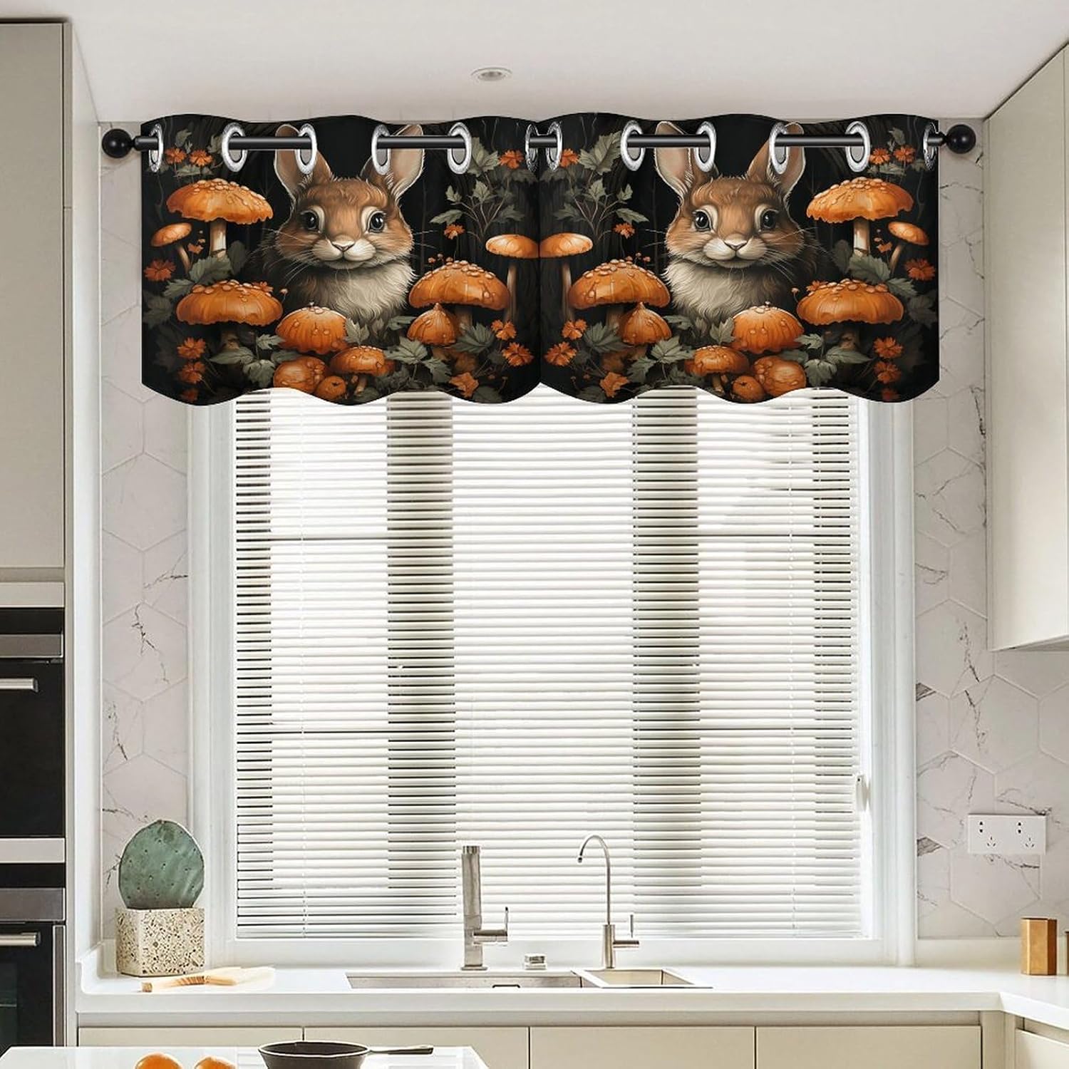 Rabbit with Mushrooms 2 Pack Valance Curtains Window Treatments. Adjustable Curtain with Rod Pocket.Cafe Curtains is Half Curtains for Privacy Decorative 52x18.1 Inch.