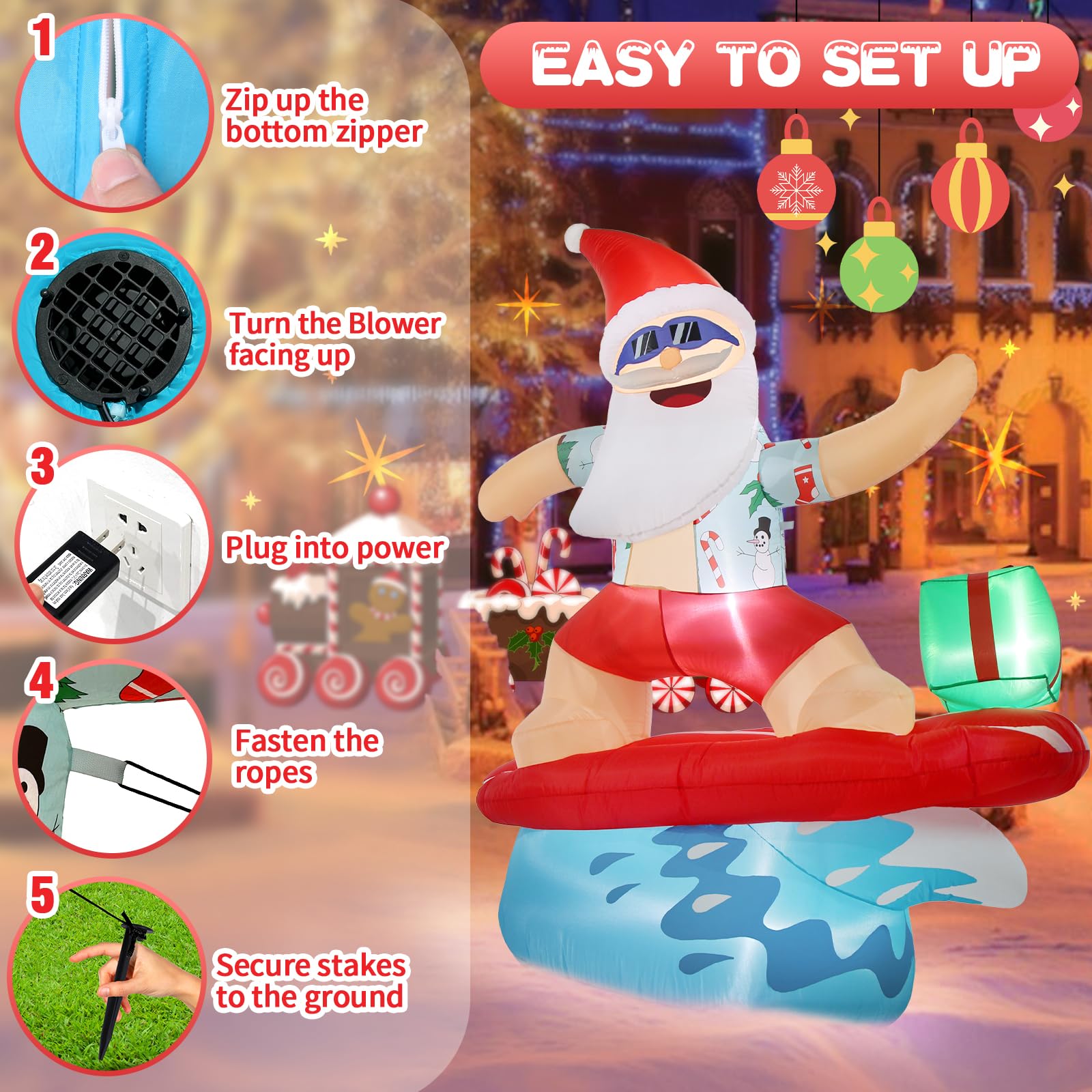 Decoraciones inflables de Navidad para exteriores, 1.8 m, gigante, para surf, Papá Noel, patio, inflables, playa tropical, luces LED, decoración para vacaciones, exteriores, césped, vacaciones
