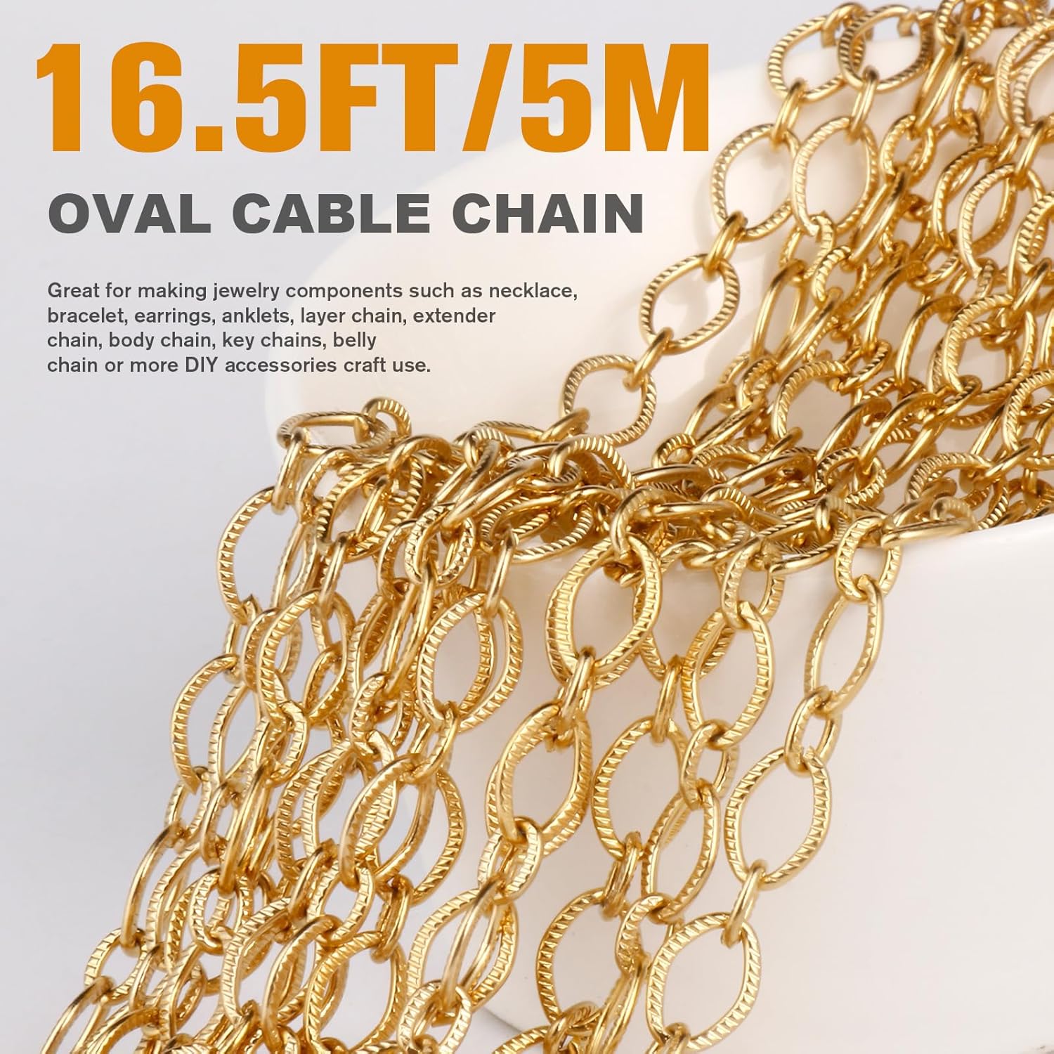 16.5 FT 18K Gold PVD Plated Oval Cable Chains Roll, 6.5mm 304 Stainless Steel Gold Textured Flat Cable Link Chain Bulk Spool for Jewelry Making DIY Craft - Image 2