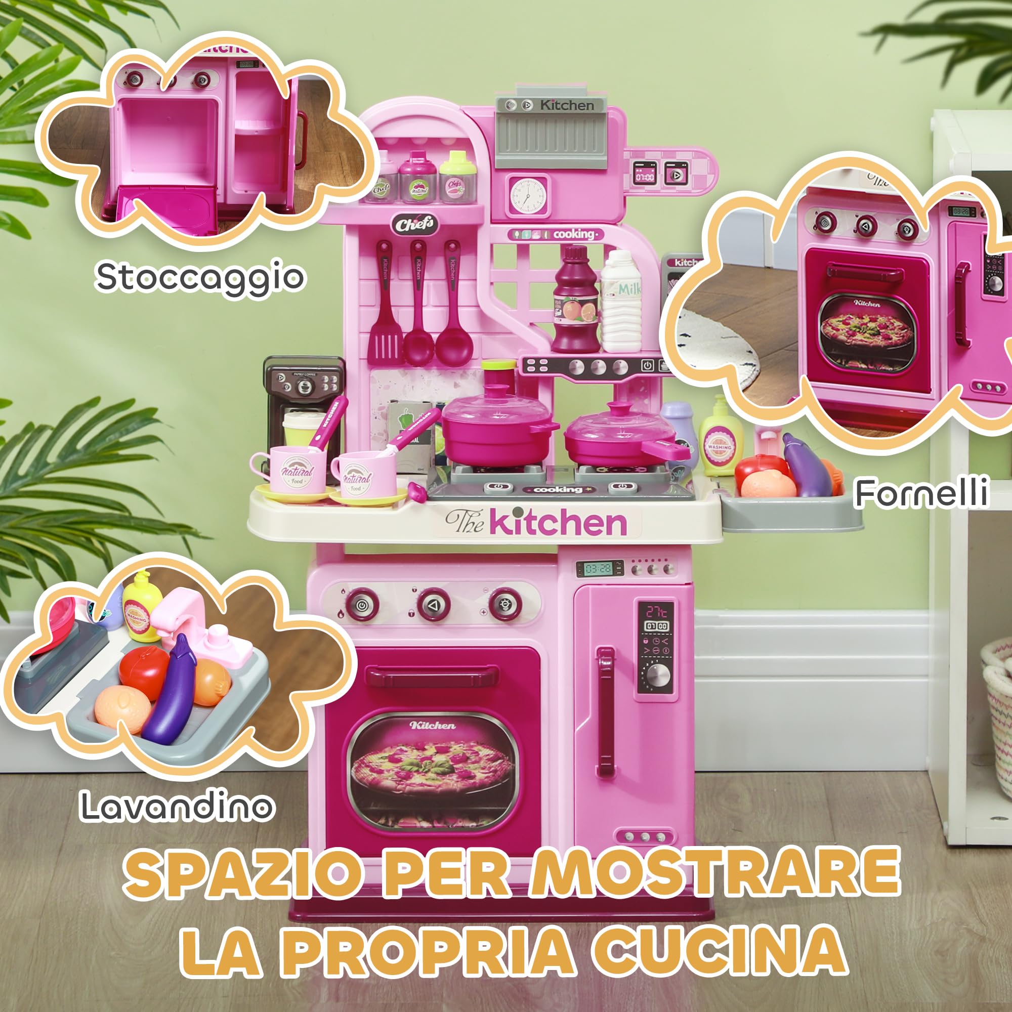 AIYAPLAY Cucina Giocattolo per Bambini da 33 Pezzi con Luci, Suoni e Rubinetto, Gioco per Bambini in PP e ABS, 53x22x69 cm, Rosa
