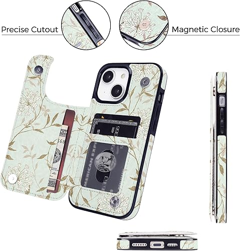 Miniatura 4 de uCOLOR Funda de piel con tapa para tarjetas compatible con iPhone 13 6.1, iPhone 14 6.1, mujeres y niñas con tarjetero y función atril (hojas