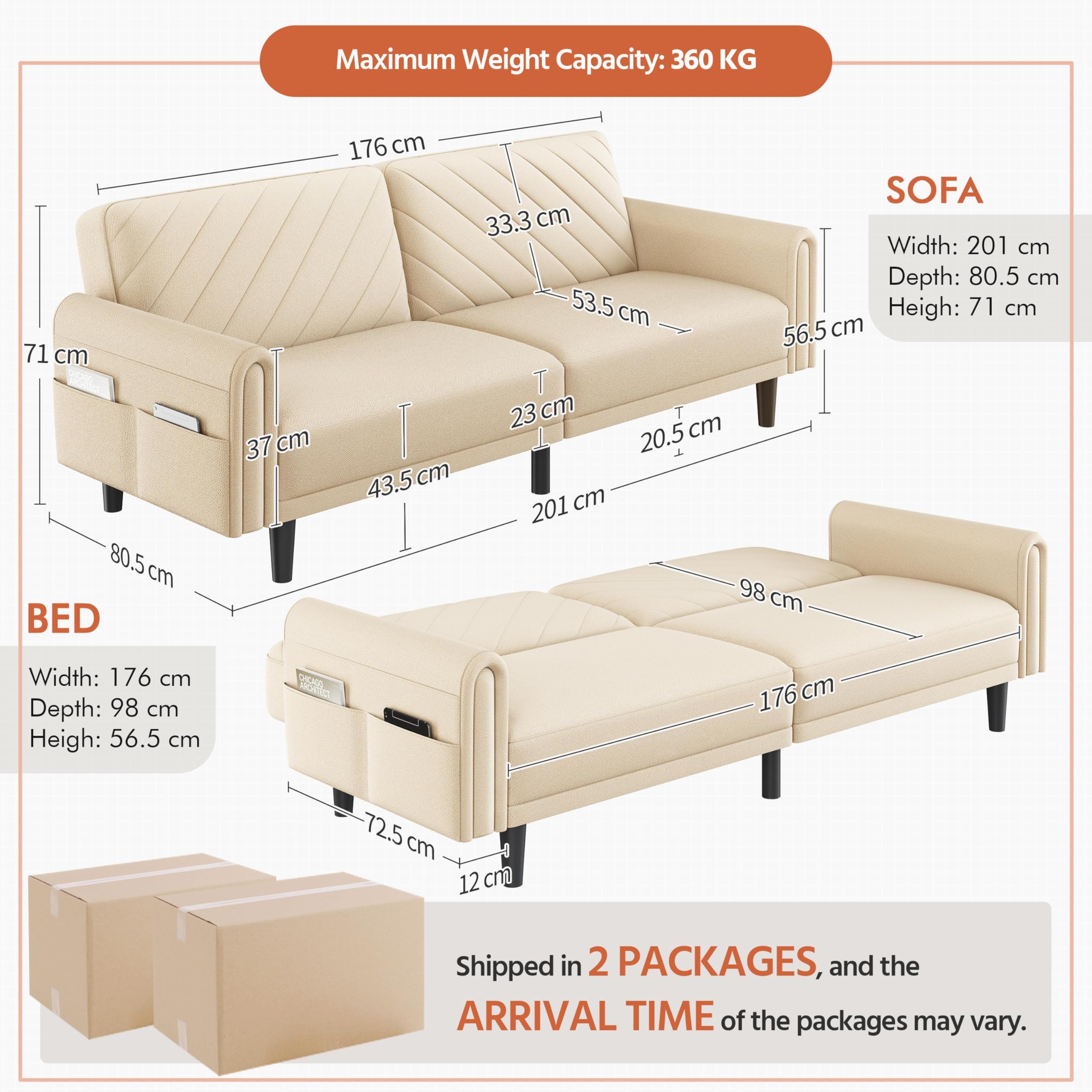 Yaheetech Divano letto largo 200 cm, divano 2/3 posti con funzione sonno, divano letto con 3 angoli regolabili, ideale per soggiorno, Beige