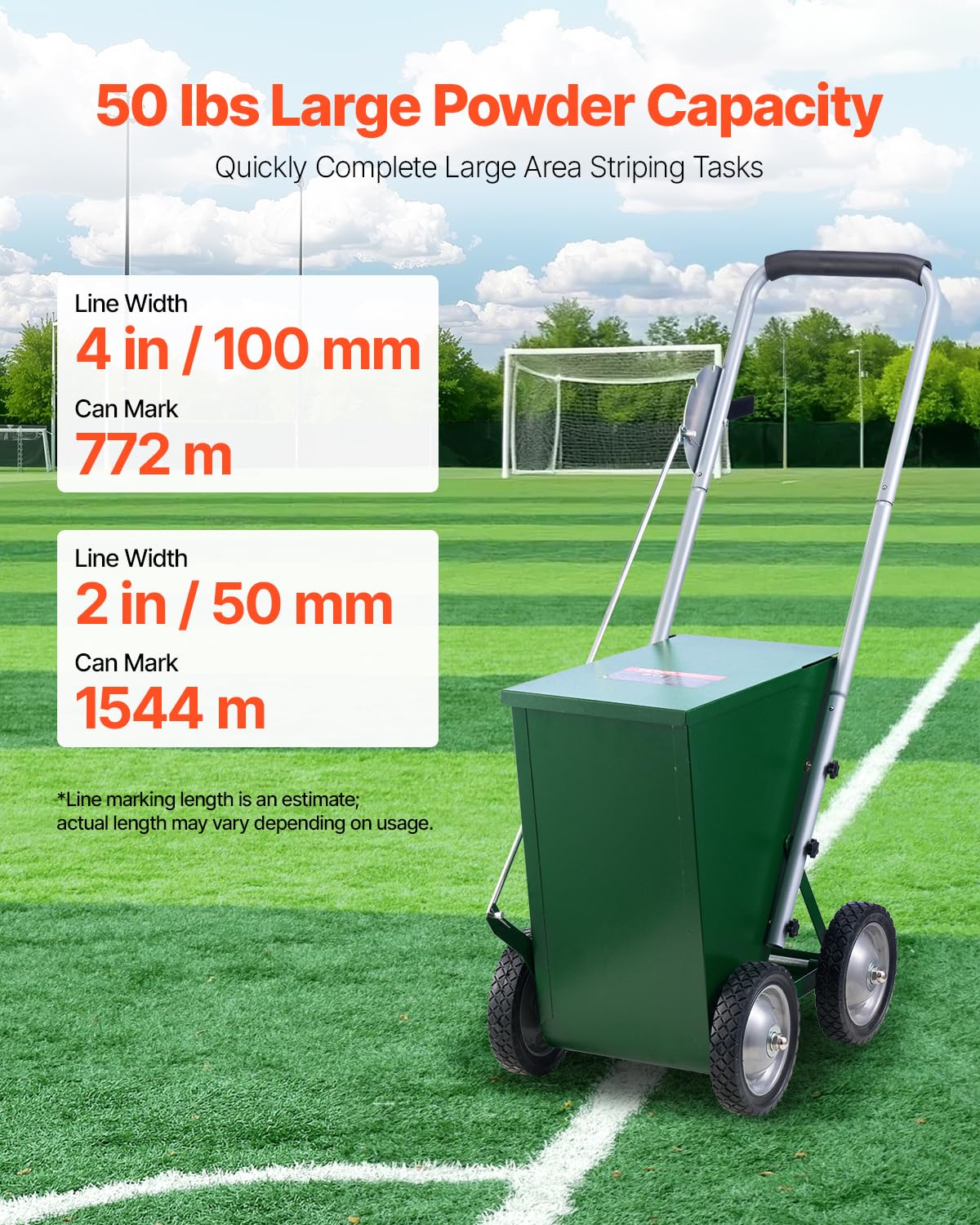 VEVOR Segnalinee a Secco per Campi da Gioco, 4 Ruote, Linee 50-100 mm, Segnalinee Regolabili, con Maniglia di Regolazione in Gomma, Capacità Polvere 22,7 kg, per Baseball Infield, Verde