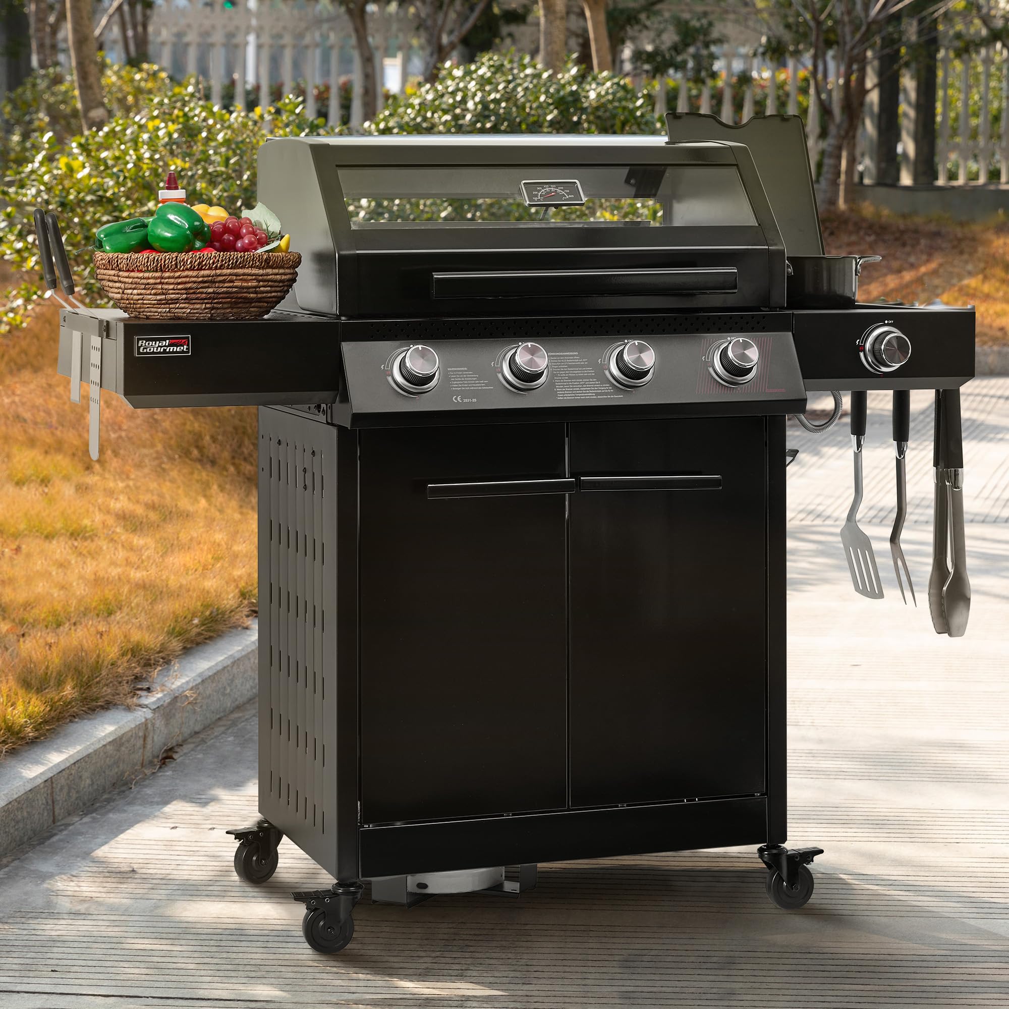 Royal Gourmet 4+1 Brenner Gasgrill Outdoor Gas Grillwagen mit Sichtfenster, Unterschrank, 15,5 kW Campinggrill mit Power-Zonen