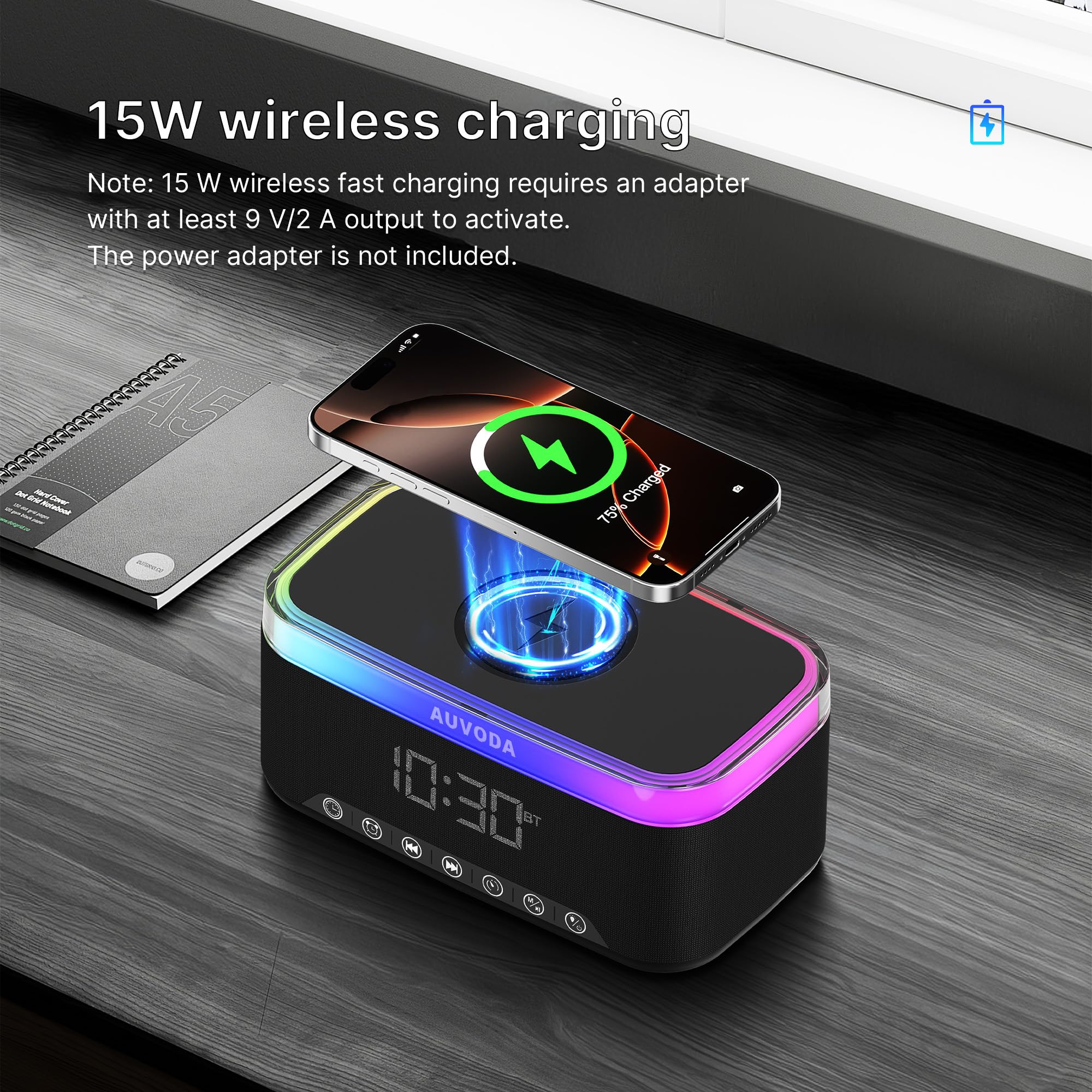 Altoparlante Bluetooth S300, altoparlante wireless portatile con ricarica wireless da 15 W, luce notturna a 13 colori, sveglia, stereo da 16 W, TWS, BT5.3, per smartphone, PC, computer, casa