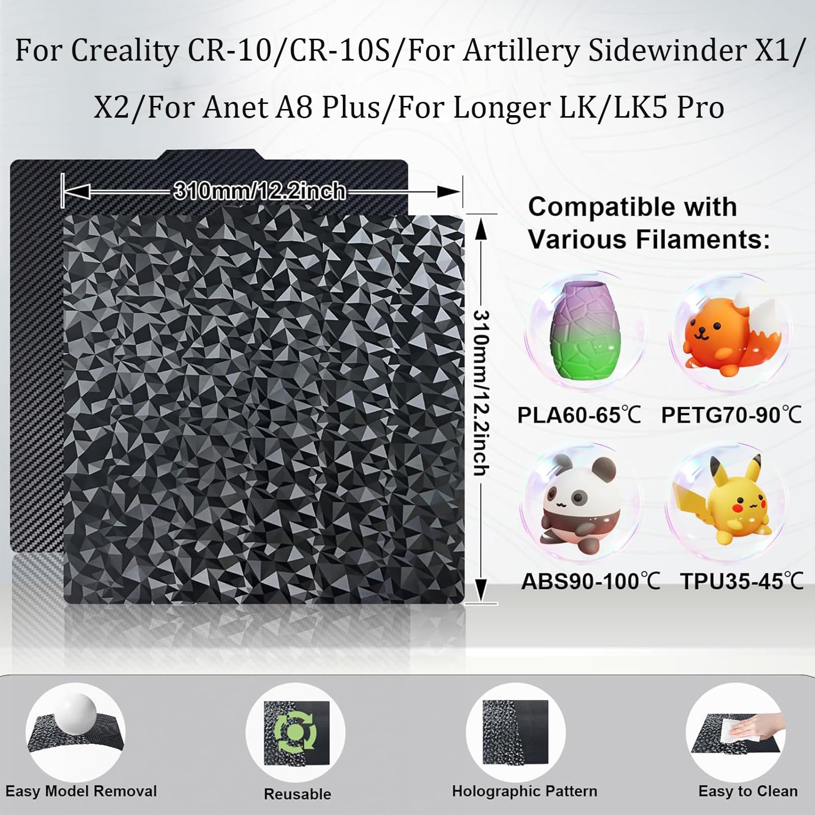 IdeaFormer Smooth PEO PET Spring Steel Piatto 310x310, Piatto di stampa flessibile in acciaio a molla PEO PET per stampante 3D per Artillery Sidewinder X1/X2, per Creality CR10/CR10 S, per Anet A8