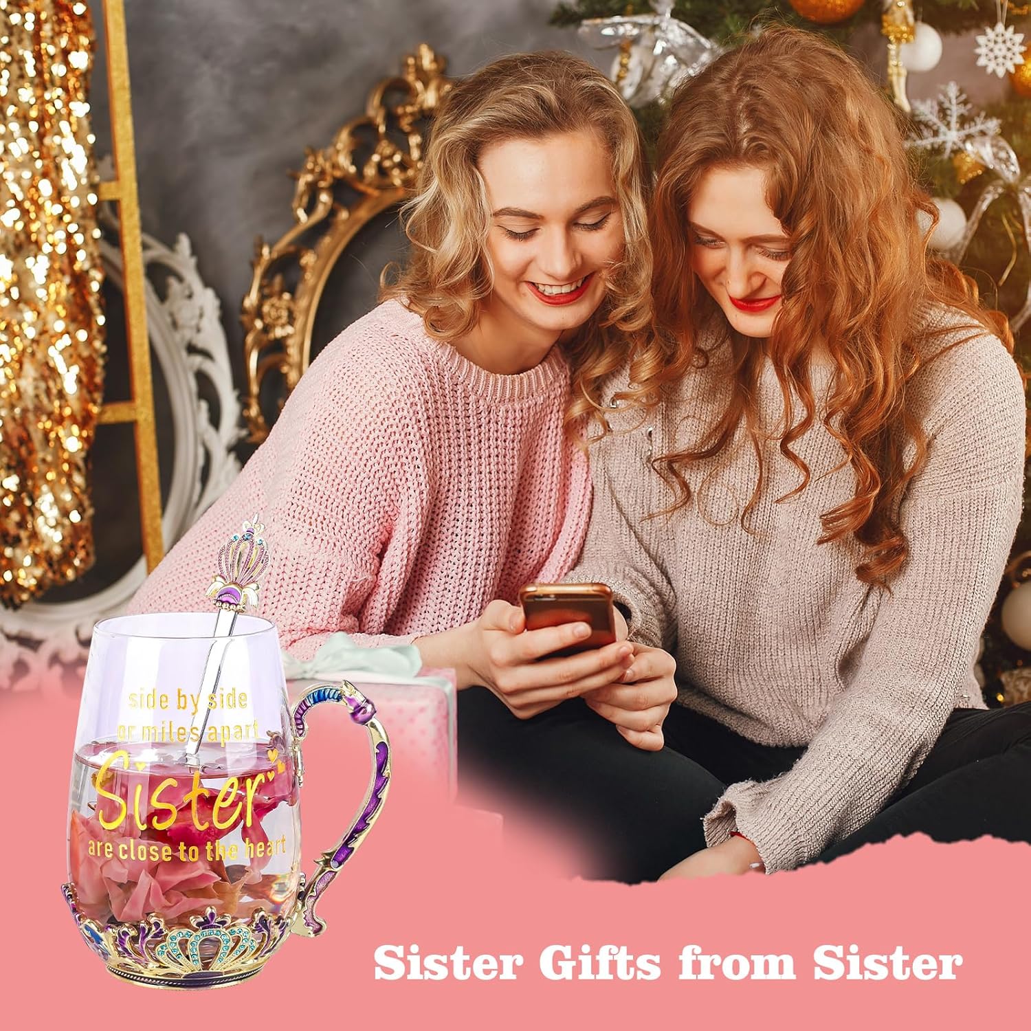 SWTHONY Fancy Tea Cup with Spoon Set Sister Birthday Gifts from Sister Brother for Christmas, Beautiful Purple Crown Glass Mugs with Handle