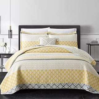 PERHOM Yellow Quilt King Size - King Quilt Set, 100% Long-Staple Cotton Floral Quilt Bedding Set Bedspreads, Patchwork Reversible Lightweight Comforter Bed Spread for All Season, Yellow/Gray, 3 Pcs
